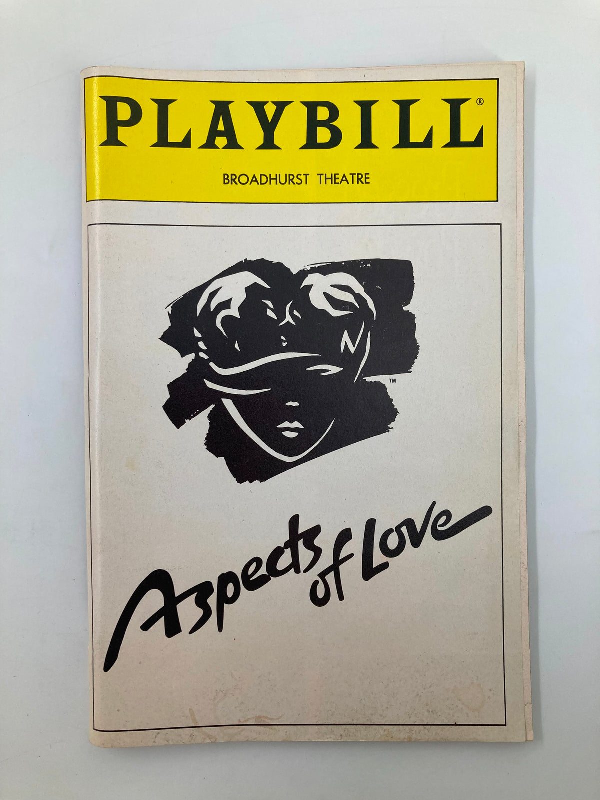 1990 Playbill from the Broadhurst Theatre for the musical Aspects of Love, featuring the artistic design and signature logo, perfect for collectors of theatre memorabilia.