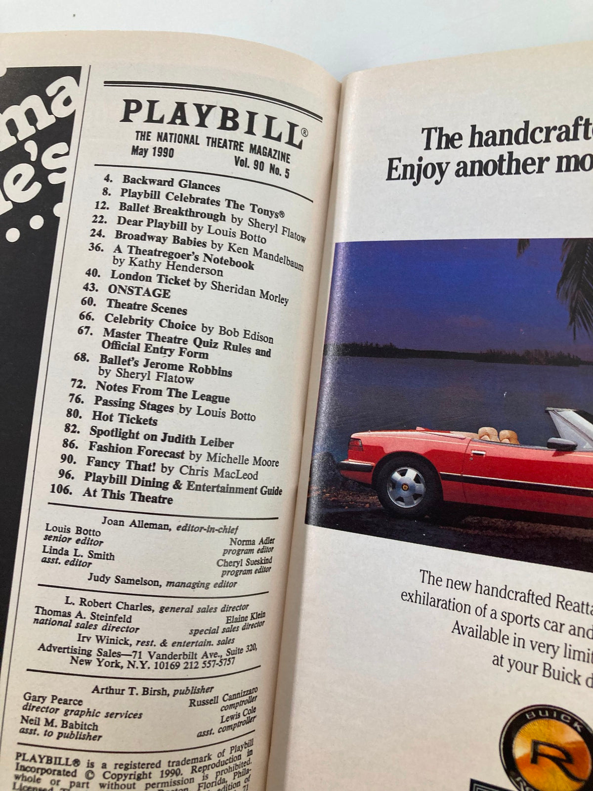 Inside view of the 1990 Playbill for Aspects of Love, showcasing the table of contents and features from the production at the Broadhurst Theatre.