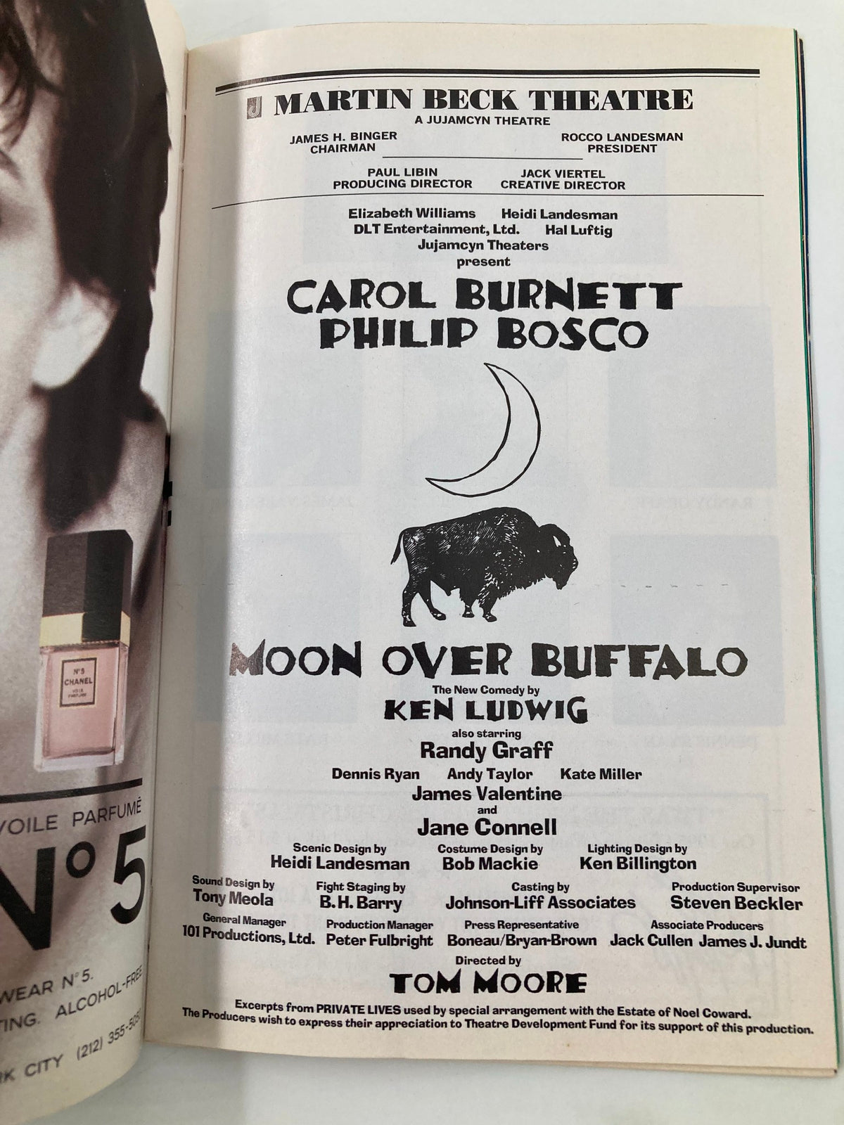 Cast and production details page from the 1995 Playbill for 'Moon Over Buffalo' at Martin Beck Theatre, starring Carol Burnett and Philip Bosco.
