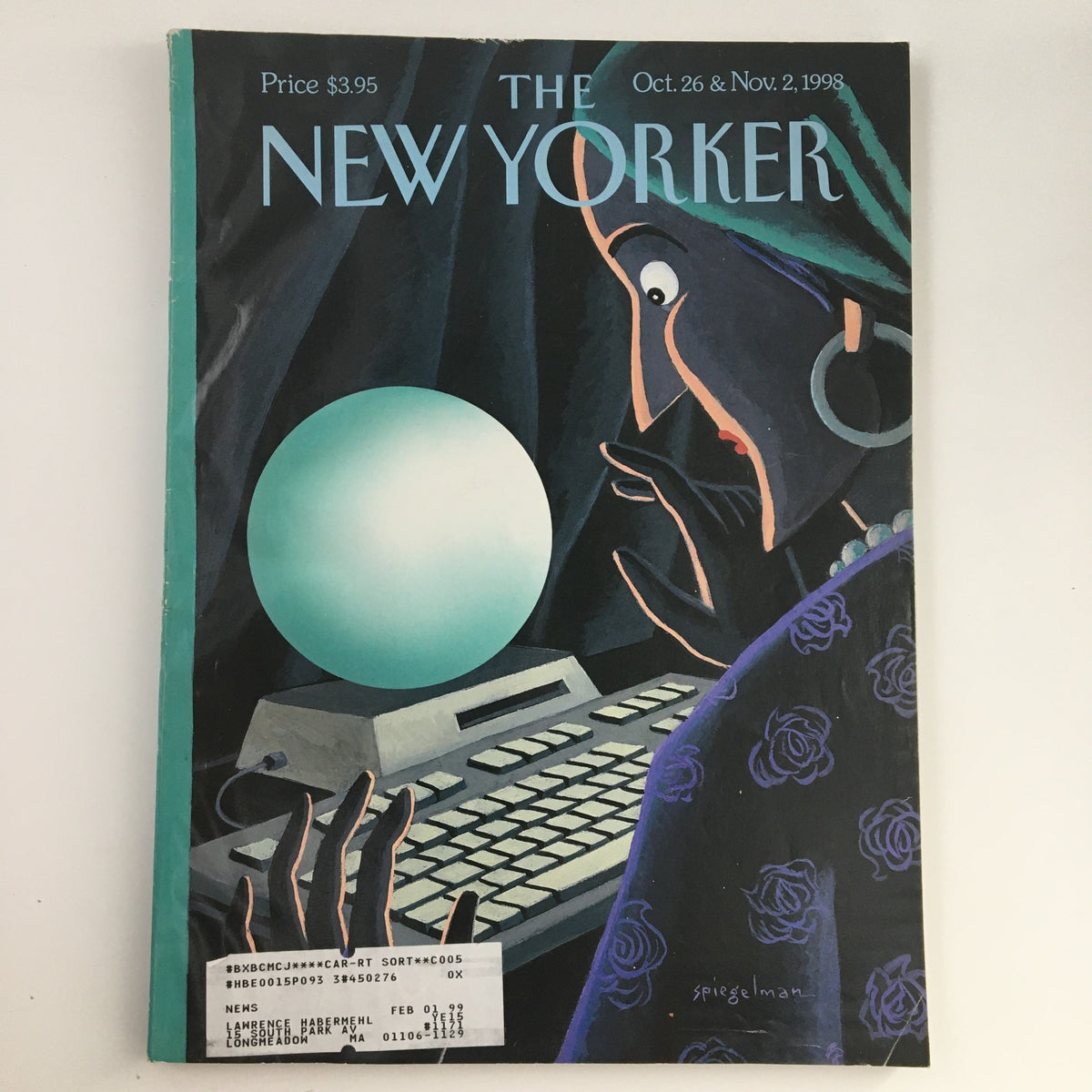 The New Yorker October 26 1998 Full Magazine Theme Cover Art by Art Spiegelman featuring a woman interacting with a crystal ball and a typewriter, showcasing unique artistic elements and a vibrant color palette.