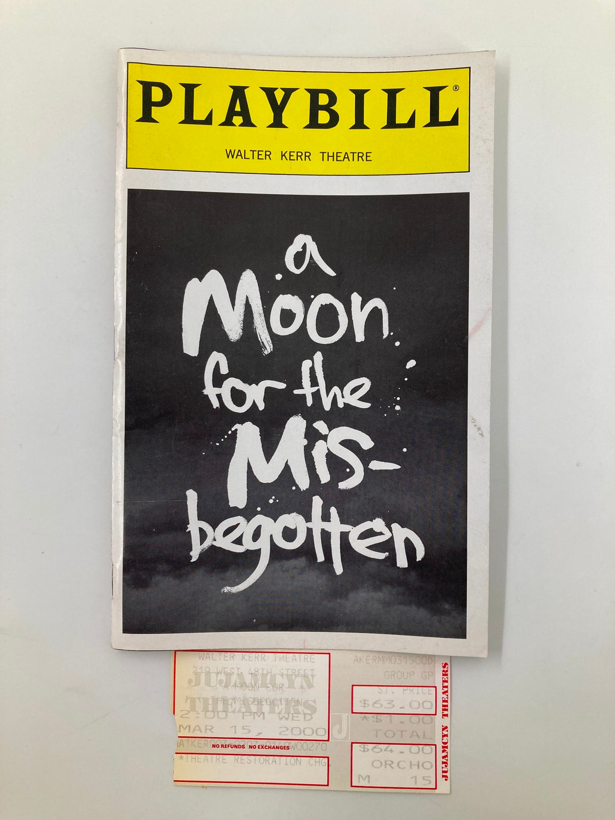 2000 Playbill for A Moon For The Misbegotten at Walter Kerr Theatre, featuring an artistic title on a black background, accompanied by a ticket stub from the performance.