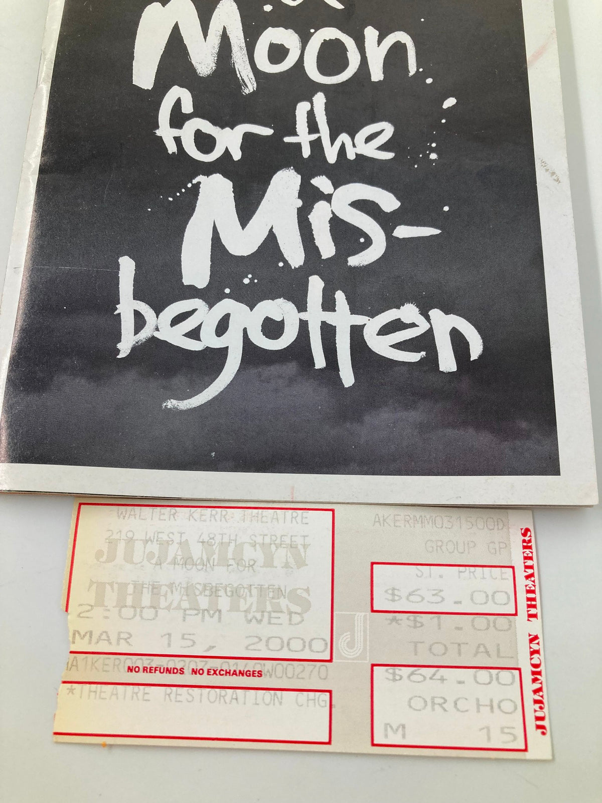 2000 Playbill for 'A Moon for the Misbegotten' at Walter Kerr Theatre featuring a ticket stub, showcasing Cherry Jones in a leading role.