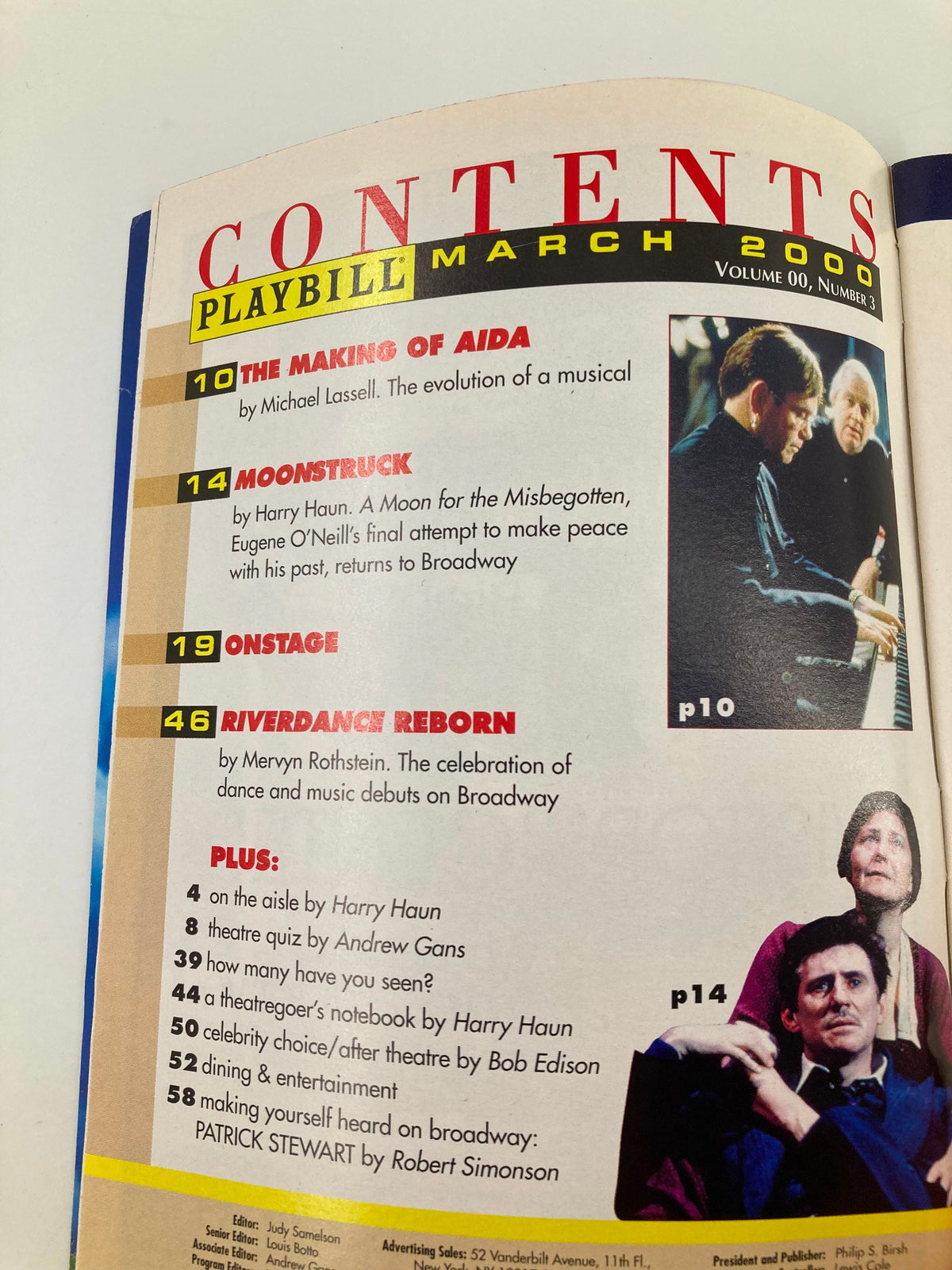 March 2000 Playbill contents page featuring 'A Moon for the Misbegotten' along with other articles, highlighting its significance on Broadway.