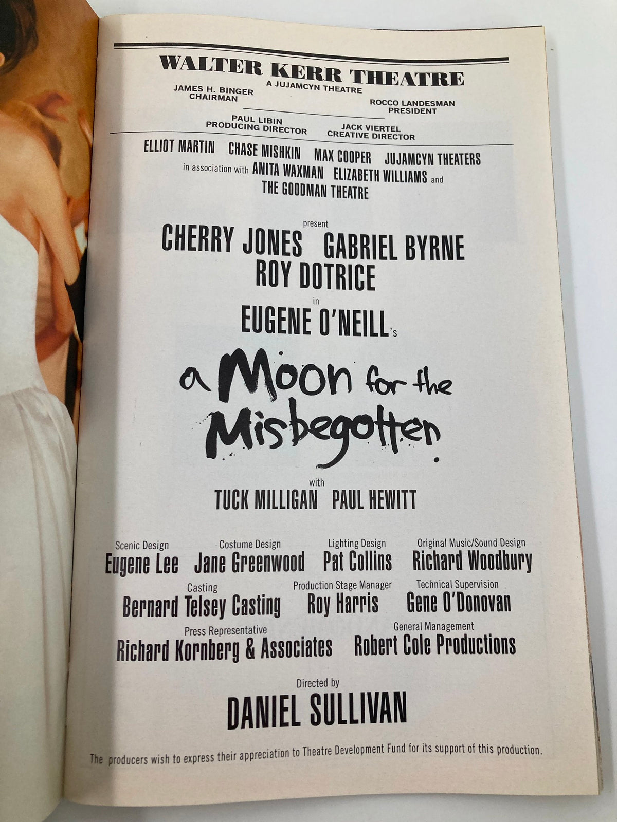 The cast list for 'A Moon for the Misbegotten' at Walter Kerr Theatre, including Cherry Jones, with details about production and creative team.