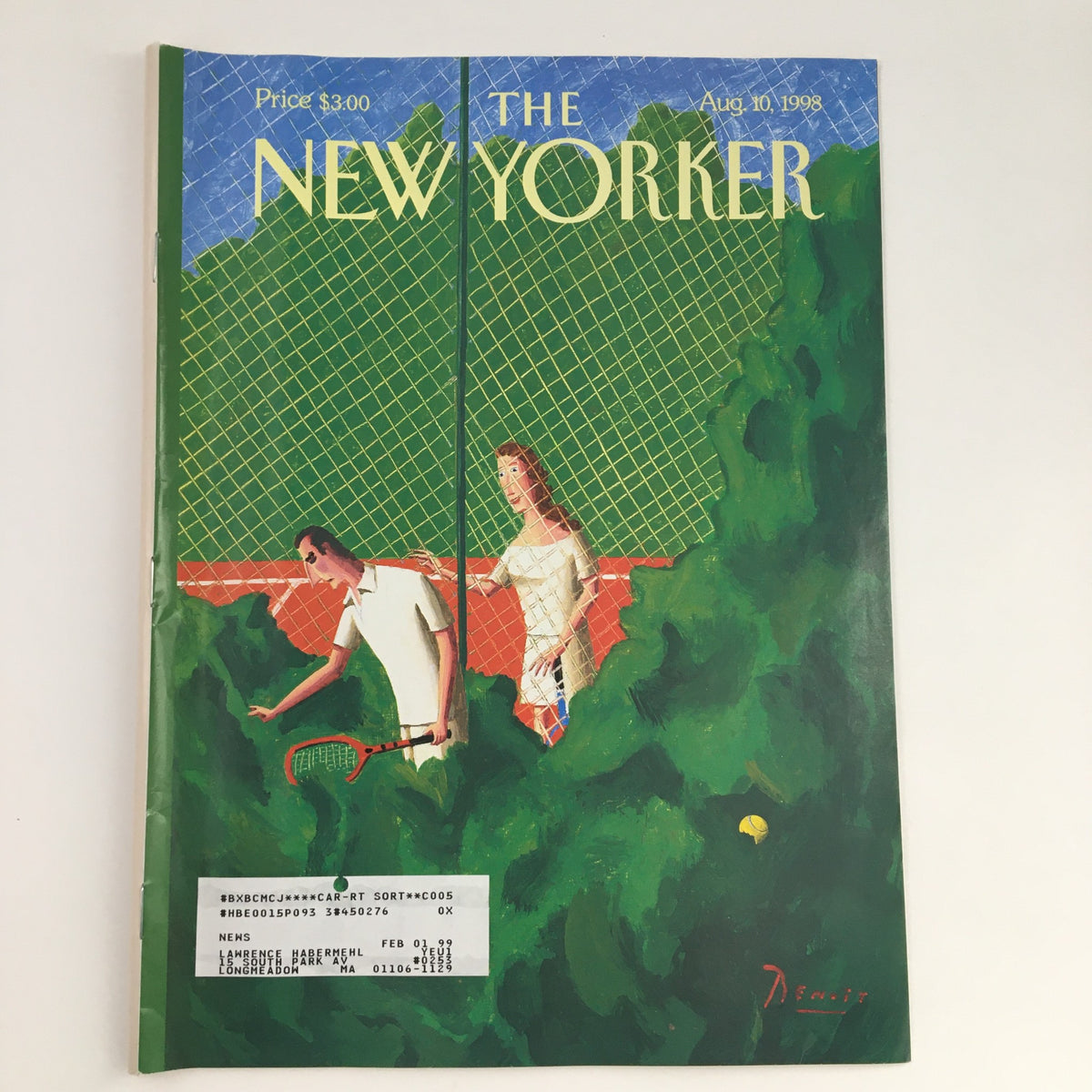 The New Yorker August 10 1998 full magazine cover featuring theme artwork by Benoit van Innis, showcasing two figures amidst a green landscape with a tennis court background.