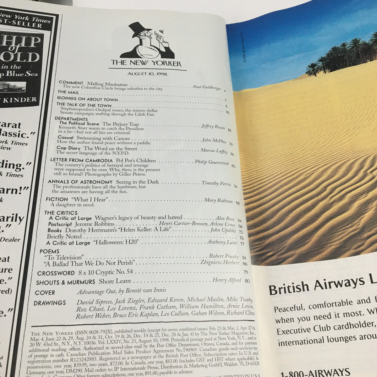 An interior view of The New Yorker magazine from August 10, 1998, featuring the index and table of contents alongside captivating photography of dunes and palm trees. This edition includes various articles, critiques, and features, highlighting the magazine's literary significance.