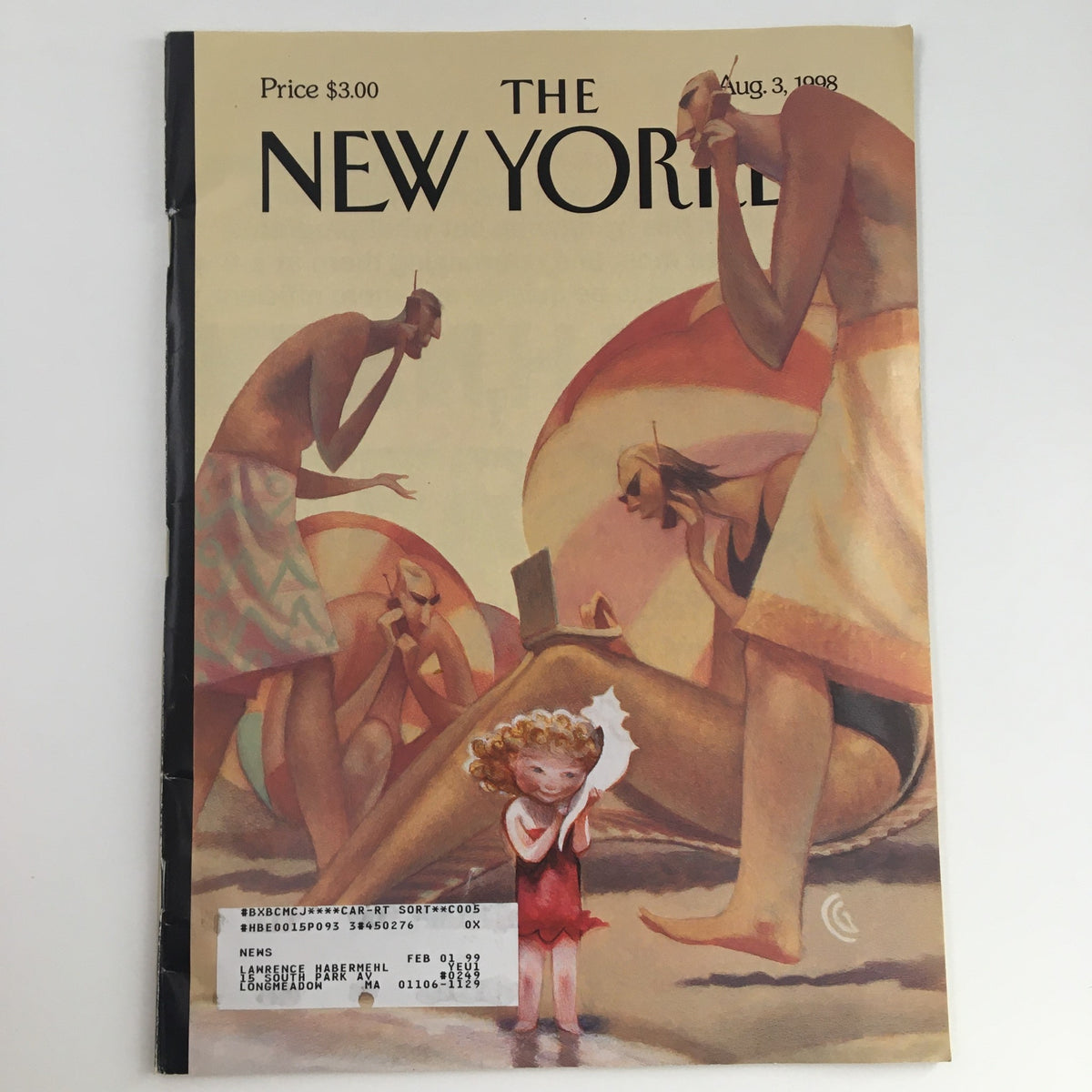 The New Yorker August 3 1998 Full Magazine cover featuring artistic illustrations by Carter Goodrich, showcasing vibrant characters at the beach, capturing the essence of late 90s culture.