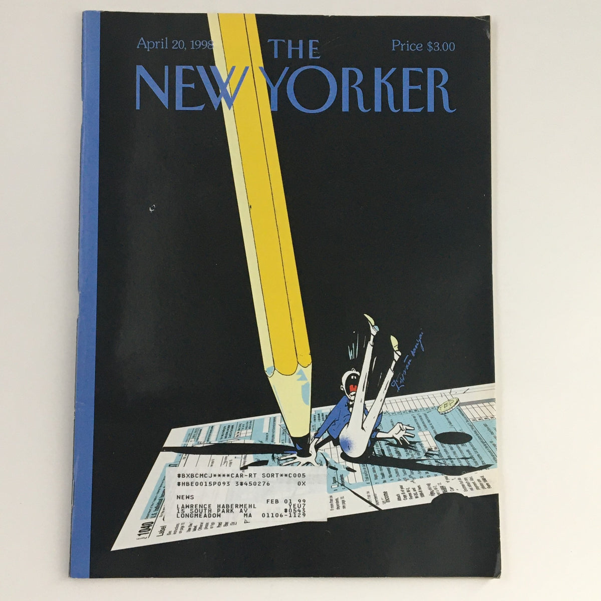 Cover art for The New Yorker April 20 1998 featuring a whimsical illustration by Istvan Banyai, depicting a large pencil and a cartoon character in a humorous scene, highlighting the magazine's unique artistic style.