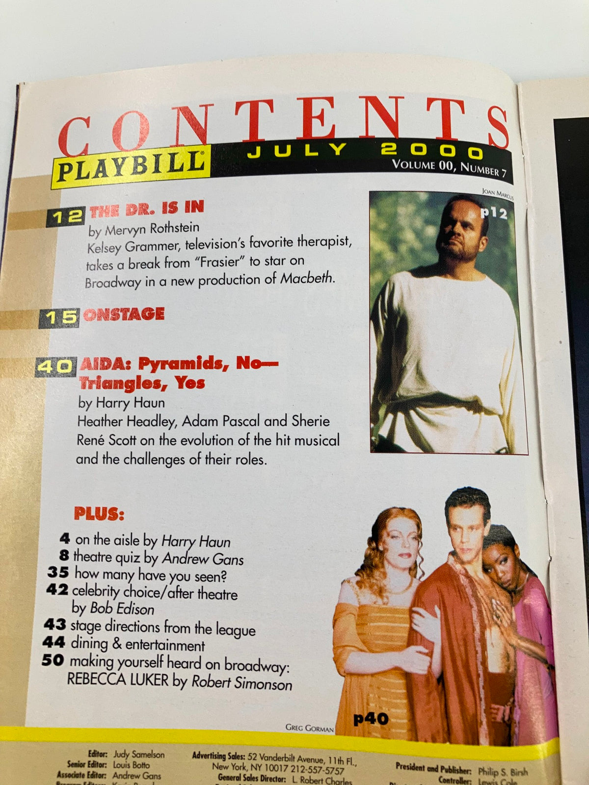 Contents page of the July 2000 Playbill showcasing articles and highlights from the theatrical season.