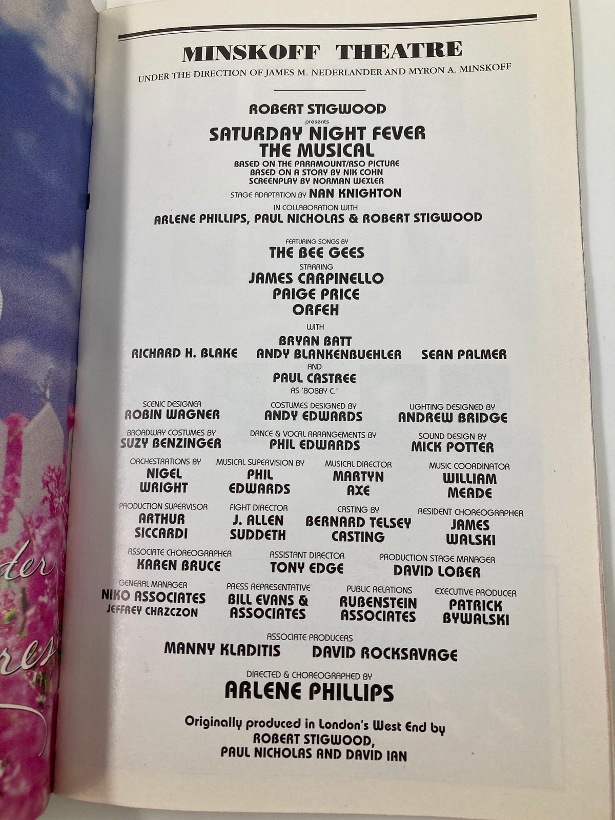 Credits page from the 2000 Playbill for Saturday Night Fever at the Minskoff Theatre, listing the cast and creative team.