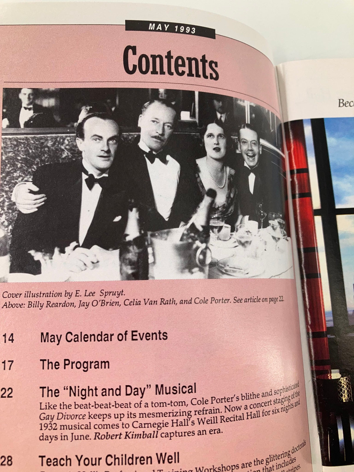 Contents page of the May 1993 Stagebill including events, programs, and notable figures of the time.