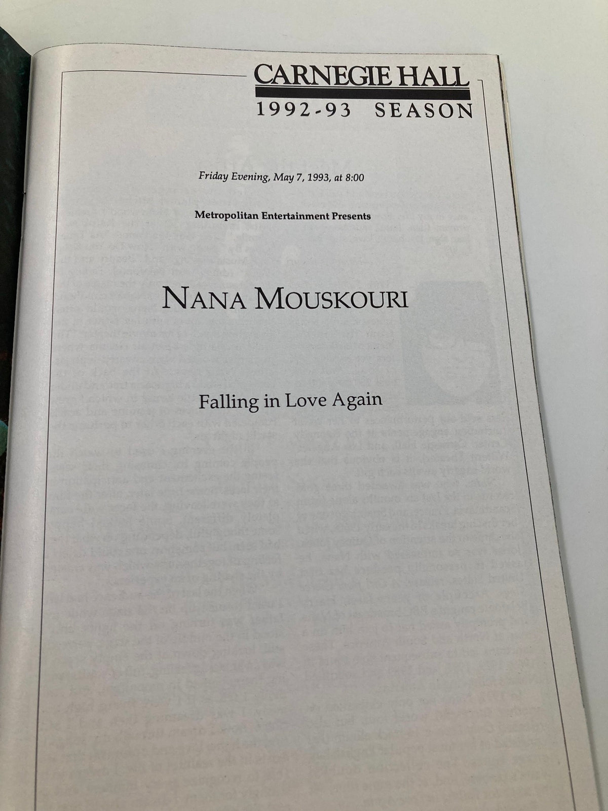 Page from the 1993 Stagebill announcing Nana Mouskouri's performance 'Falling in Love Again' at Carnegie Hall on May 7, 1993.