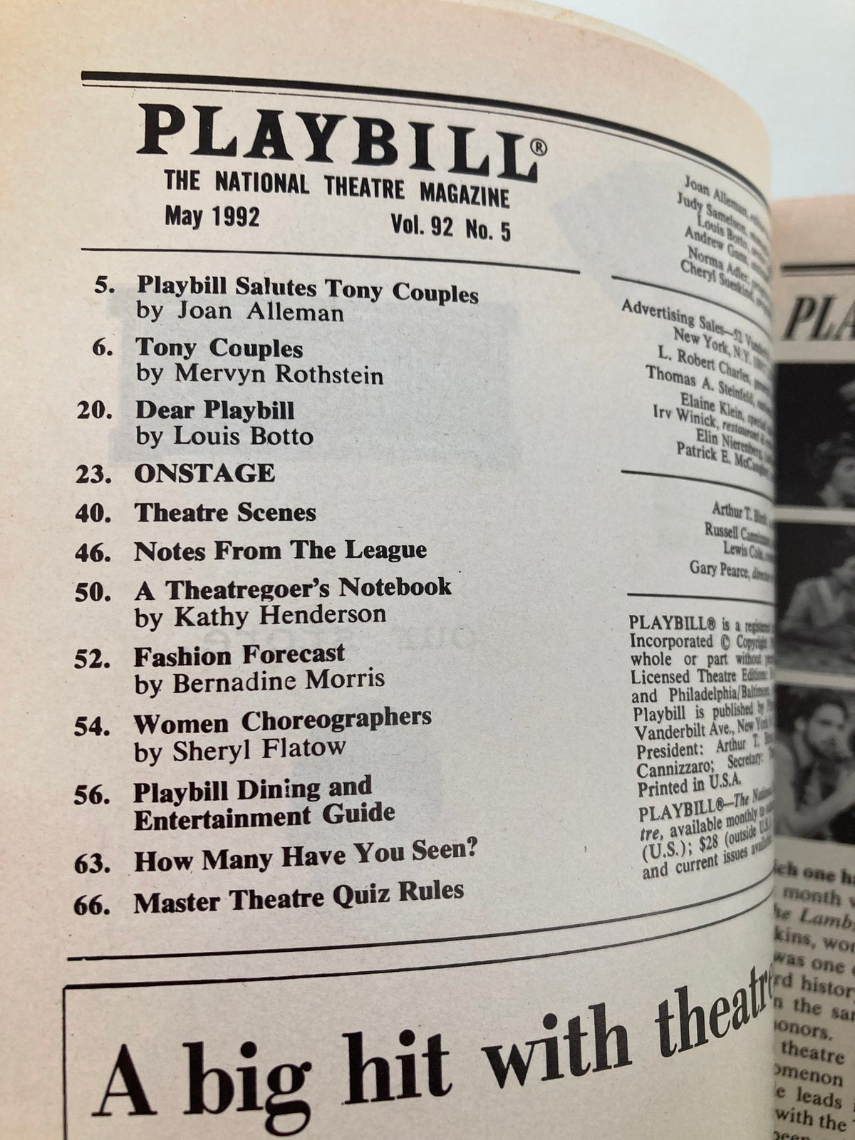 1992 Playbill for Crazy For You at Sam S. Shubert Theatre, showcasing contents and articles from May 1992 edition.