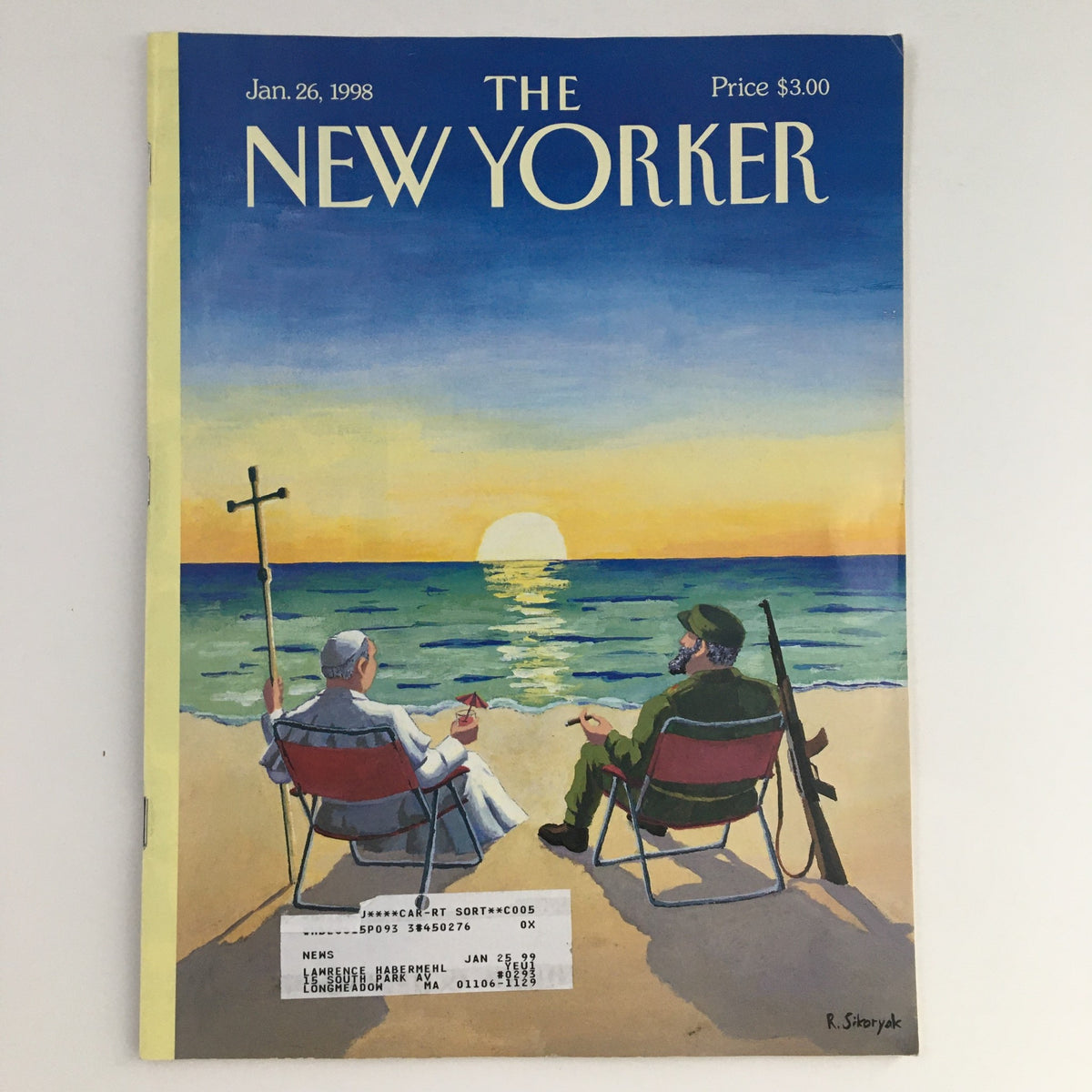 The New Yorker January 26 1998 Full Magazine Theme Cover Art by Robert Sikoryak featuring a sunset over the ocean, showcasing two men in beach chairs, one dressed as a pope and the other as a soldier.