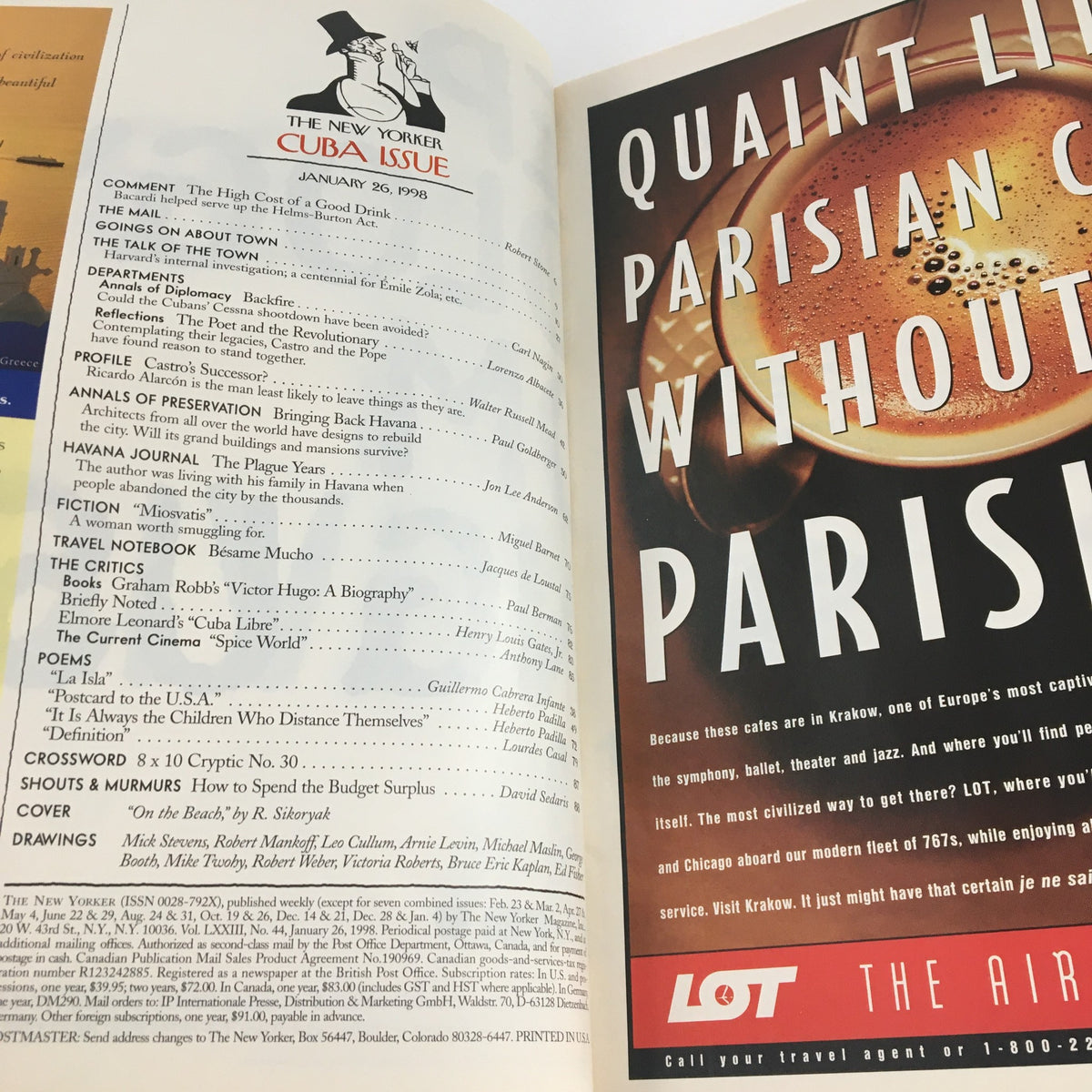 Interior page of The New Yorker January 26 1998 featuring the Cuba issue, displaying the contents page with titles such as 'Talk of the Town' and 'Fiction', alongside an advertisement for travel.
