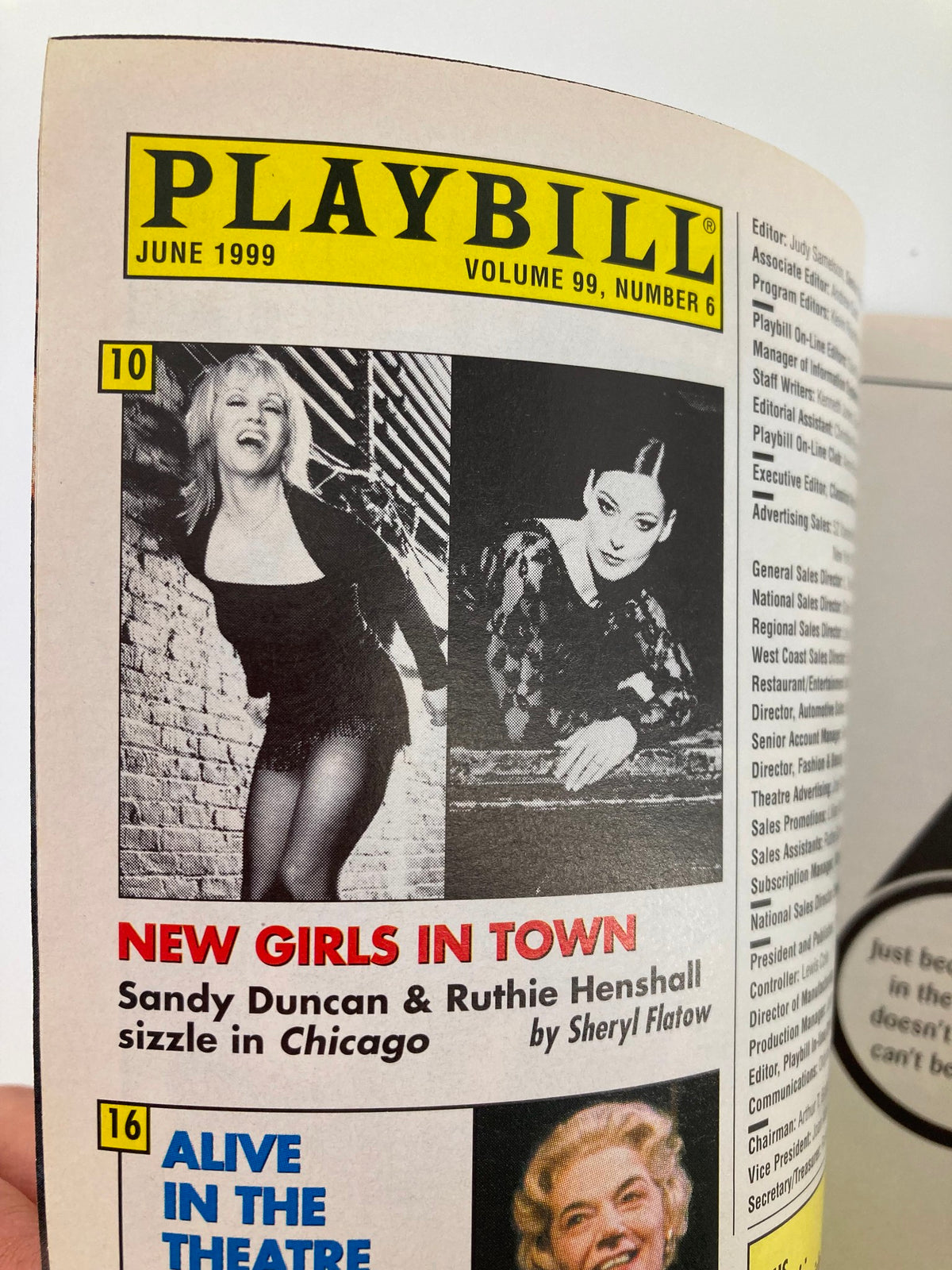 1999 Playbill The Music Box Closer showcasing the section titled 'New Girls in Town' with photographs of Sandy Duncan and Ruthie Henshall in the June 1999 issue.