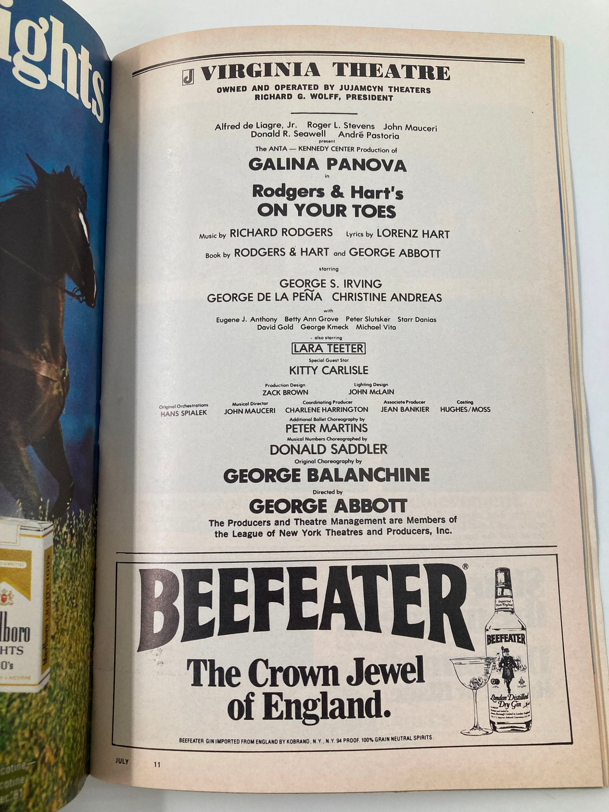 Page from the 1983 Virginia Theatre Playbill for 'On Your Toes,' featuring cast details including Galina Panova, Lara Teeter, and Kitty Carlisle.