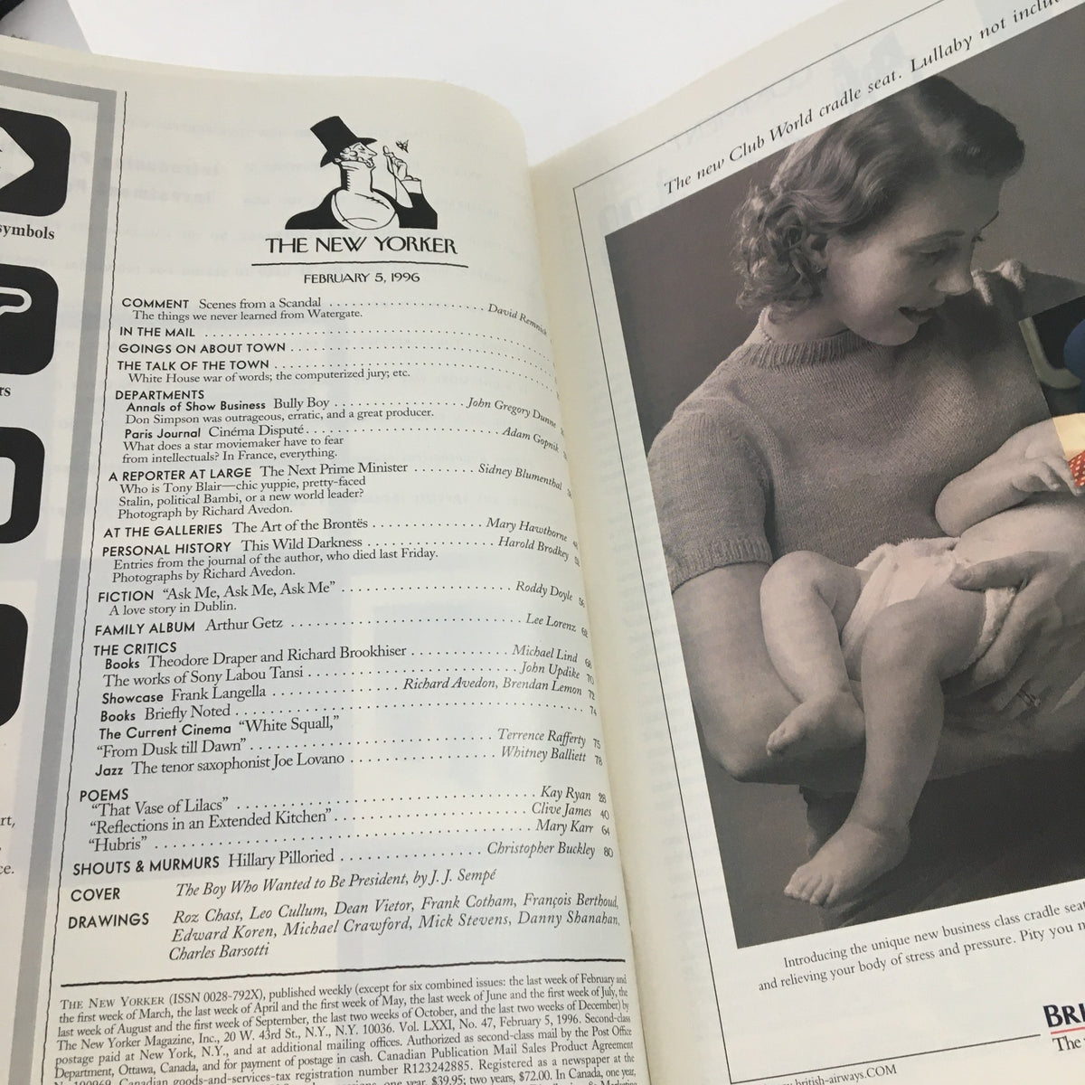 Inside page of The New Yorker magazine from February 5, 1996, showing the table of contents and various articles, alongside a drawing by J.J. Sempé.