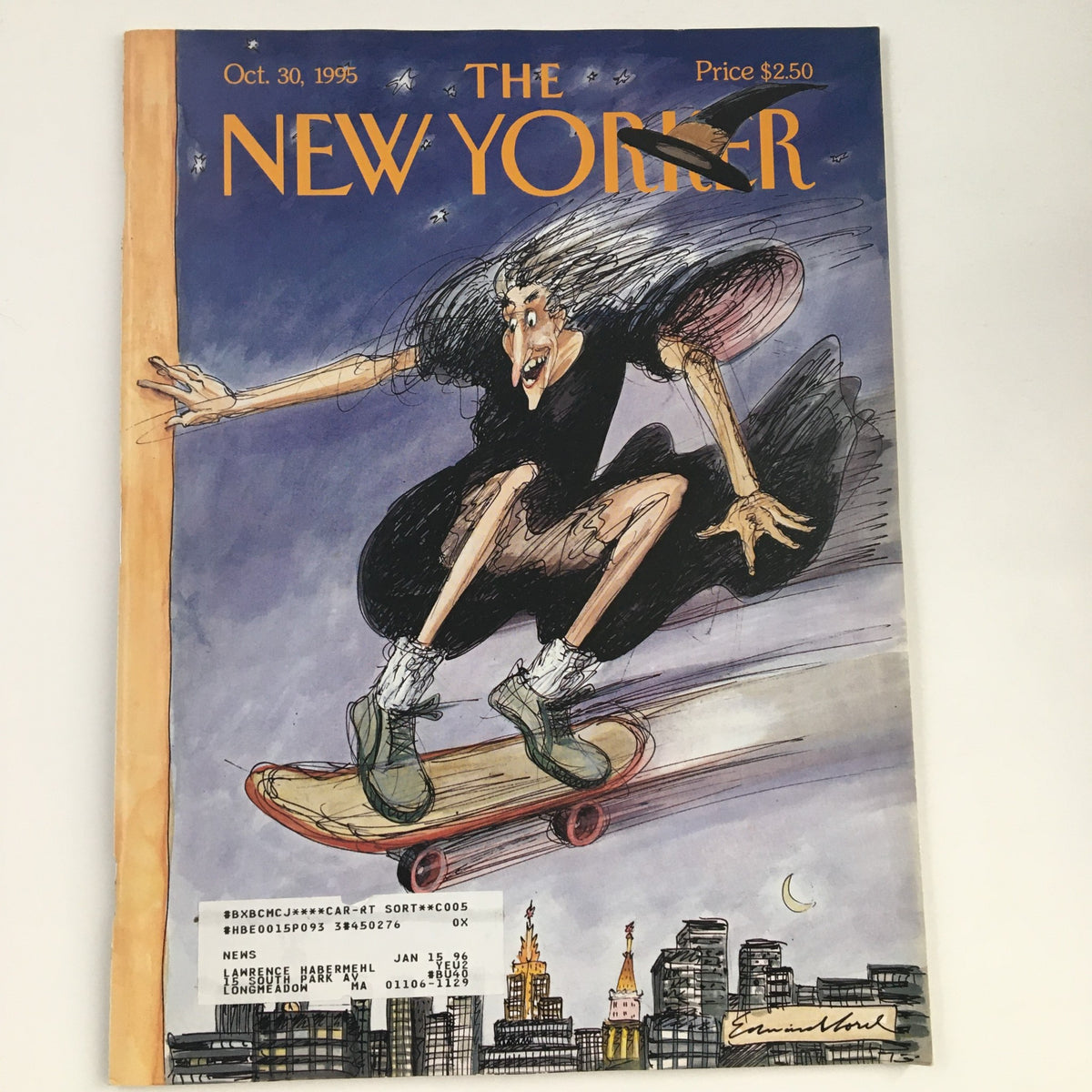 Cover of The New Yorker October 30, 1995, featuring a whimsical illustration of a witch skating on a skateboard, designed by artist Edward Sorel. The magazine is a vintage collectible in very good condition.