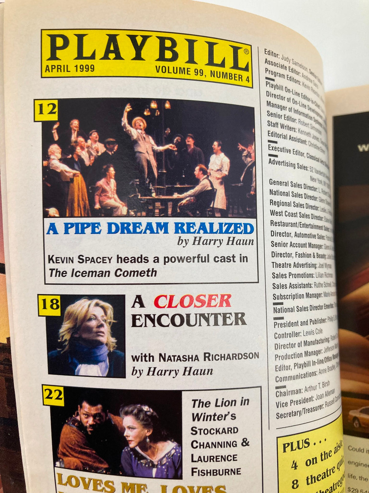 April 1999 Playbill interior page highlighting a review of the performance A Closer Encounter with actress Natasha Richardson.