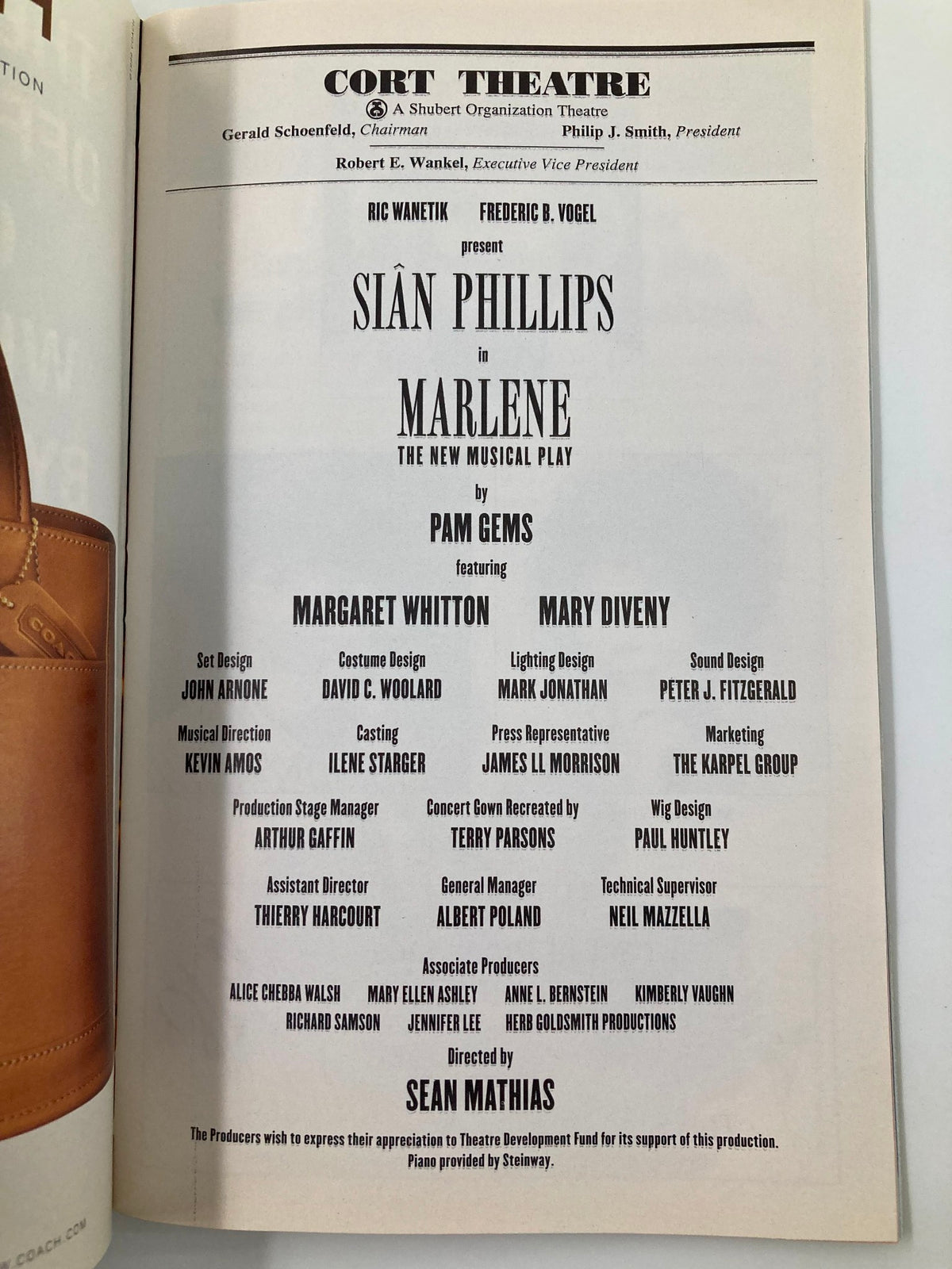 Interior page of the 1999 Playbill from Cort Theatre listing the cast and crew details for Marlene, a musical by Pam Gems, featuring Sian Phillips.