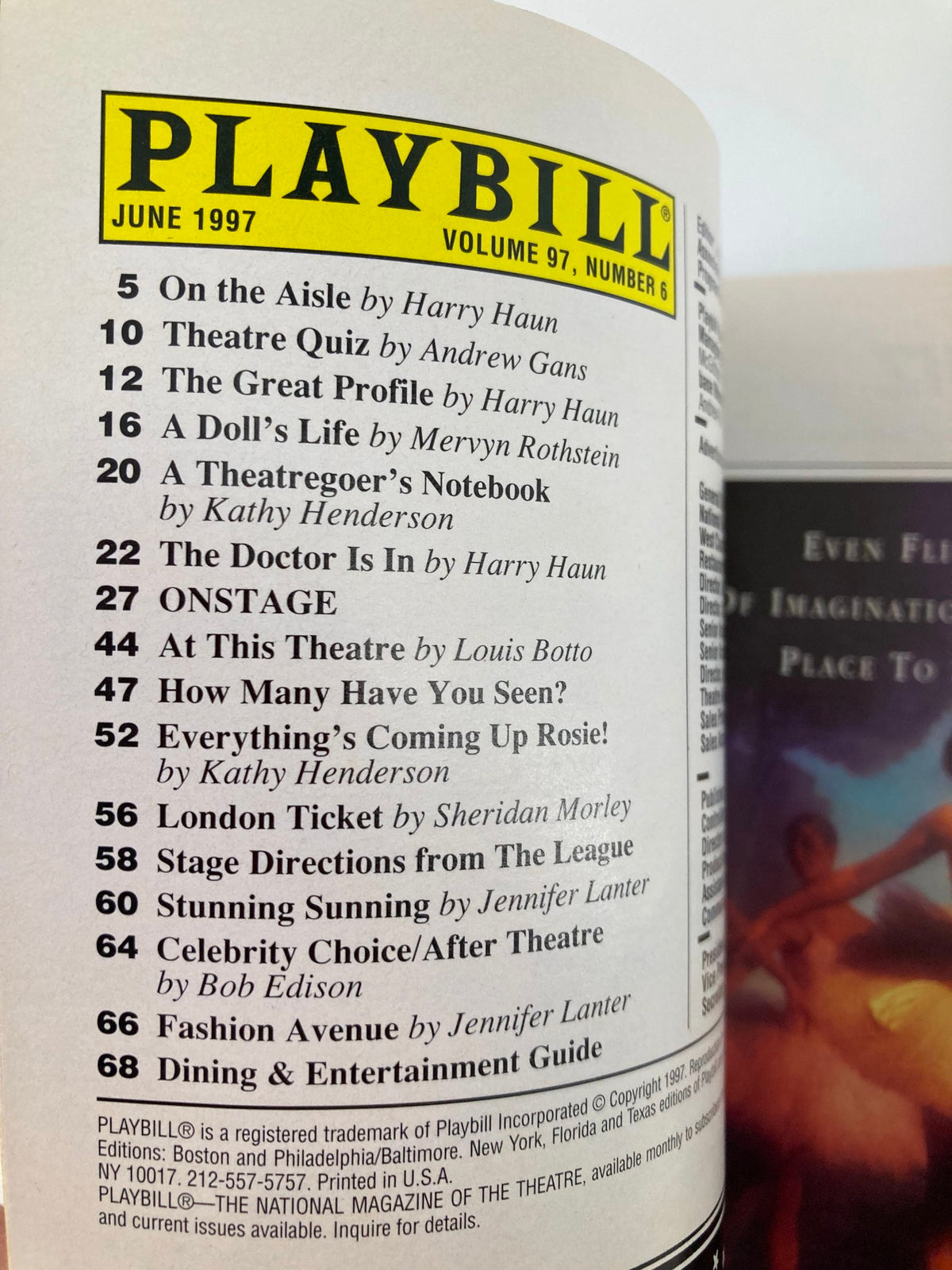1997 Playbill Gershwin Theatre, June 1997 edition, featuring articles and quizzes related to Broadway.