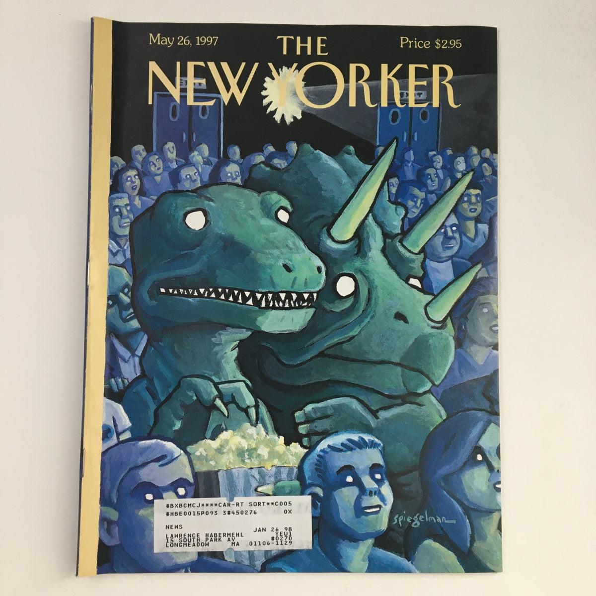 Cover art of The New Yorker magazine from May 26, 1997, illustrated by Art Spiegelman, featuring dramatic dinosaur imagery and captivated audience, showcasing vintage magazine aesthetics.