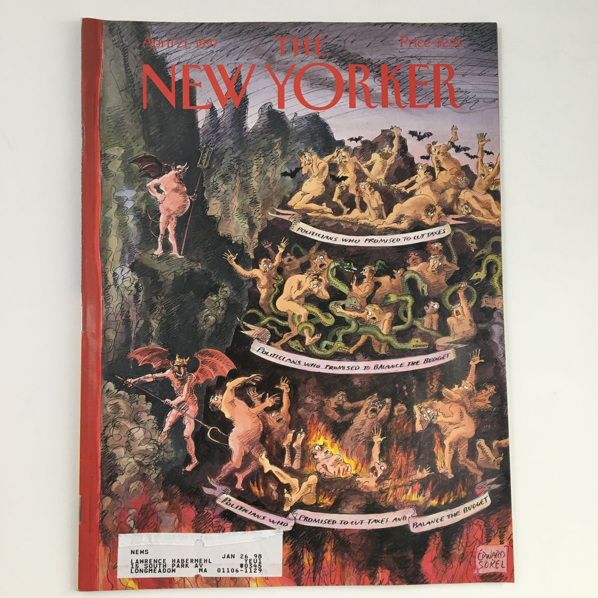 The New Yorker April 21 1997 Full Magazine Theme Cover by Edward Sorel featuring a whimsical illustration depicting political satire with various figures and creatures, symbolizing promises made by politicians.