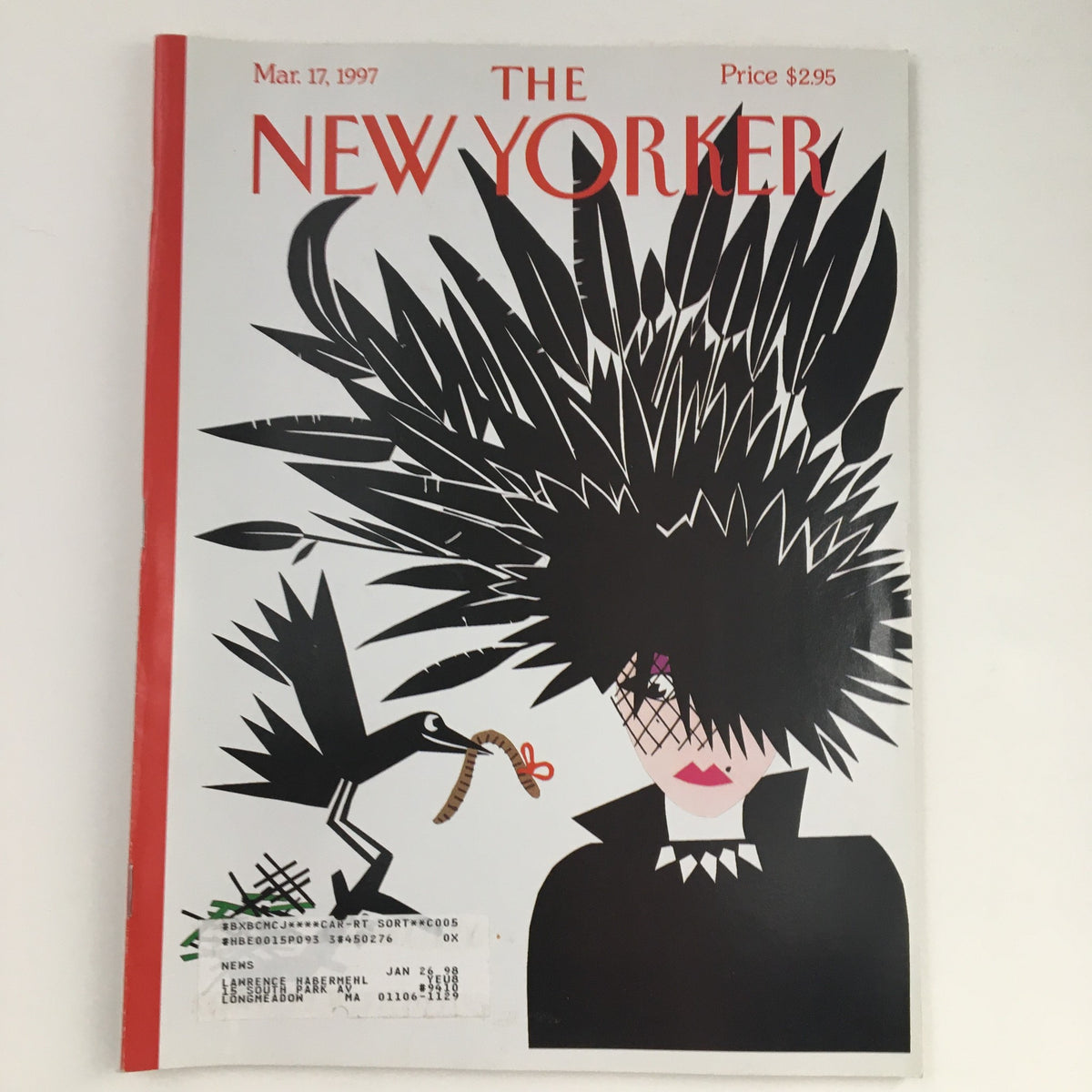Cover of The New Yorker March 17, 1997 themed issue illustrated by Michael Roberts, featuring striking black and white artwork with a dramatic hairstyle and crow imagery, priced at $2.95.