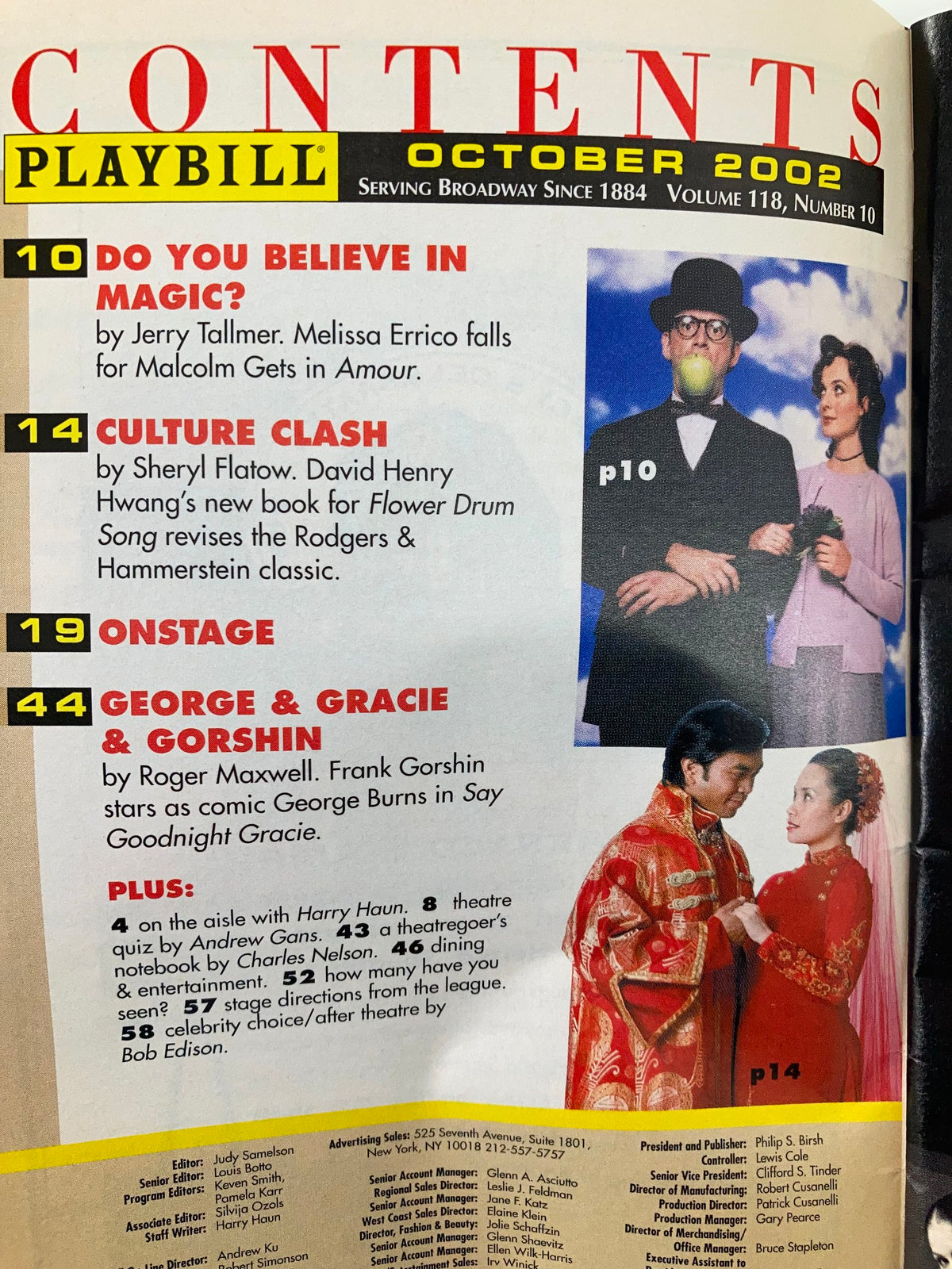 Contents page of the October 2002 Playbill for Thoroughly Modern Millie, including articles and upcoming show features.