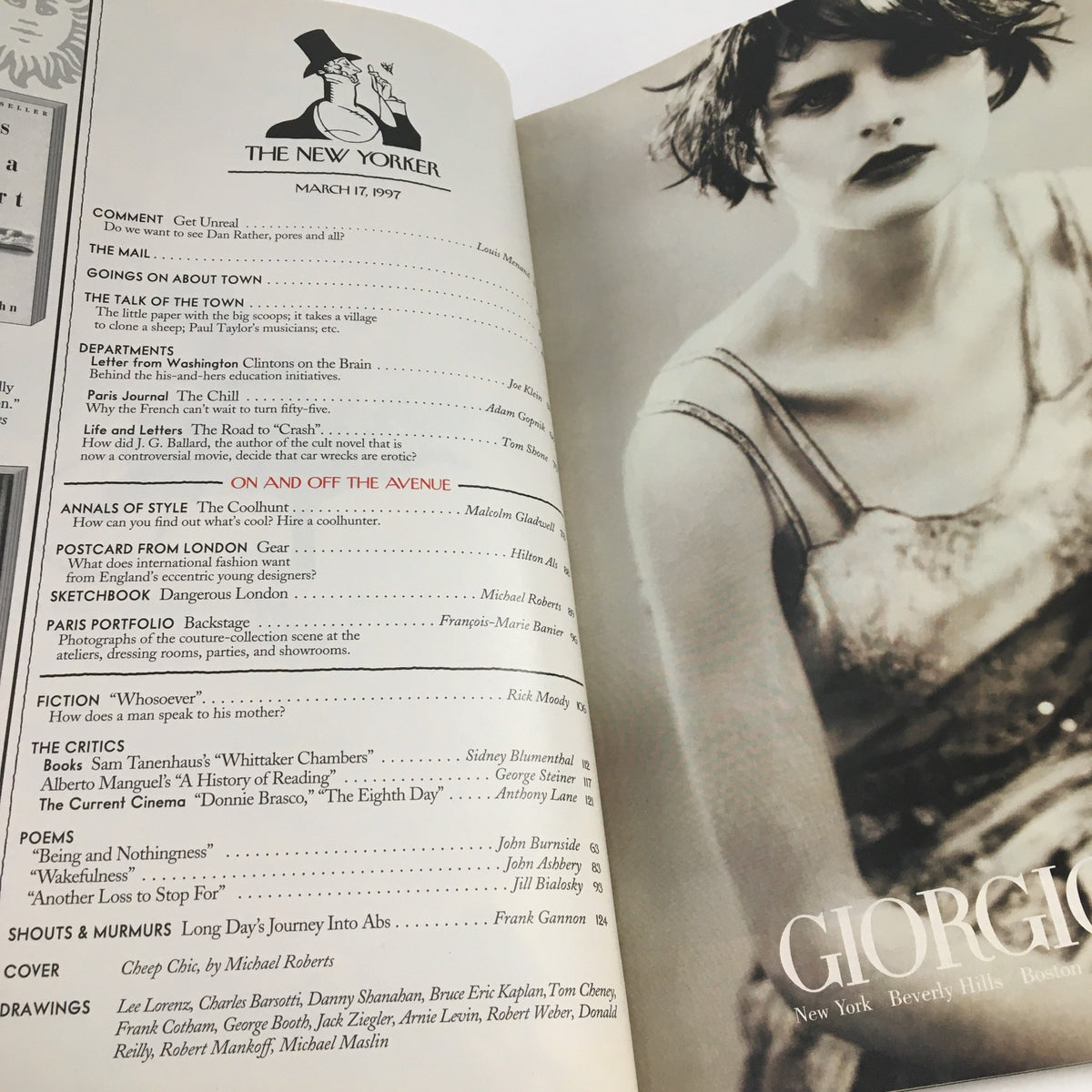 Interior page of The New Yorker March 17, 1997 displaying the table of contents and notable articles, capturing the magazine's editorial style and layout.