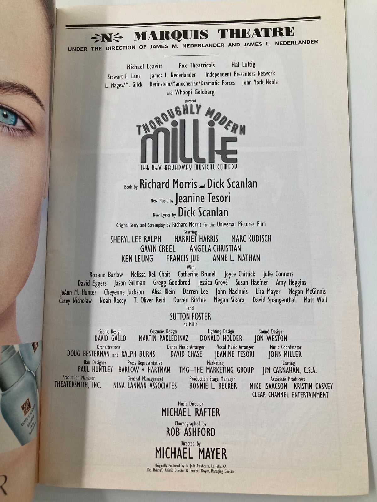Credits page of the 2002 Playbill for Thoroughly Modern Millie, listing the cast and creative team.