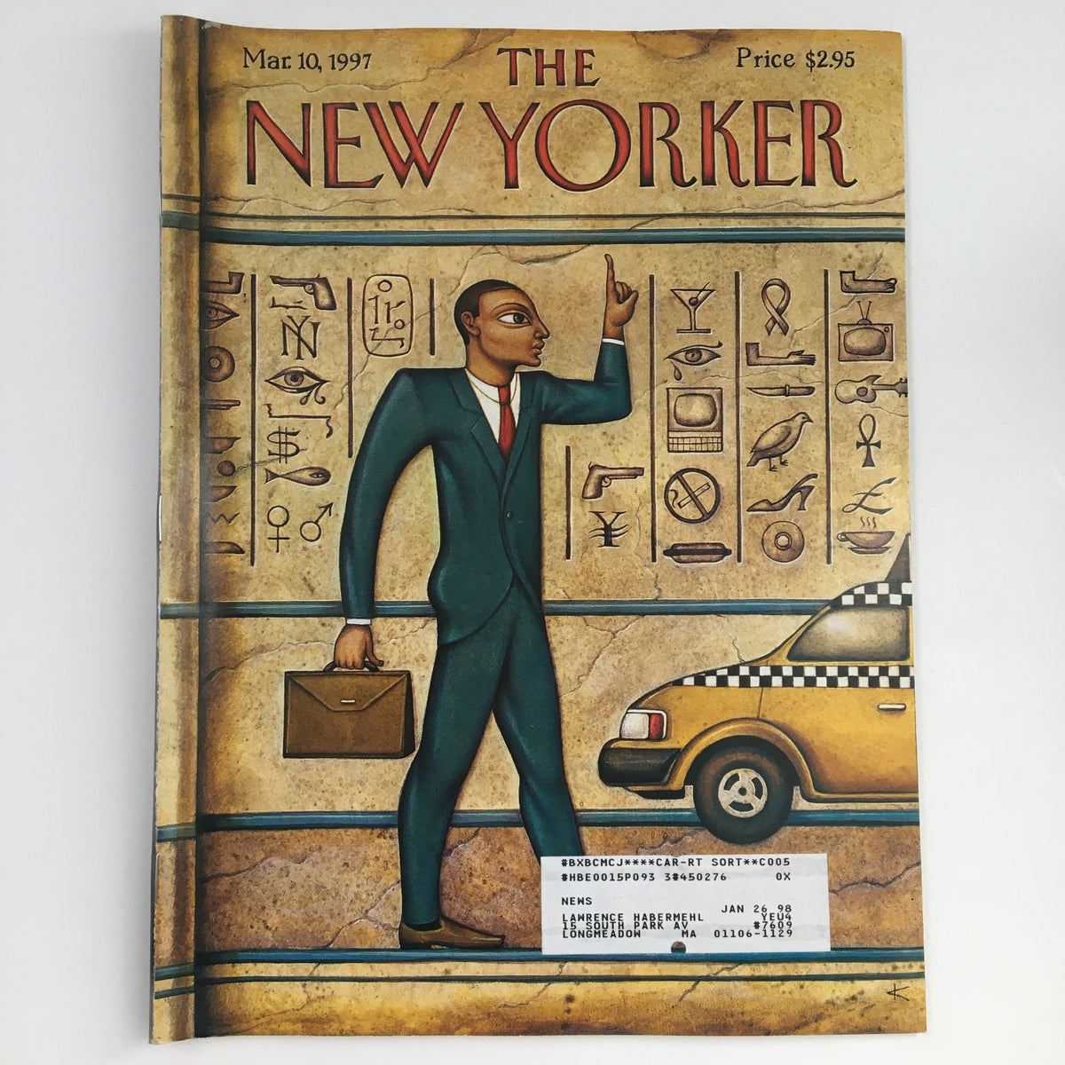 The New Yorker, March 10 1997 Full Magazine Cover featuring art by Anita Kunz, depicting a businessman in a suit with a briefcase, set against a backdrop of symbols and a yellow taxi cab.