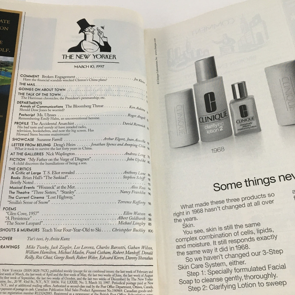 Interior page of The New Yorker March 10 1997, showcasing the table of contents and advertisements, featuring a Clinique product ad and article listings reflecting the culture of the late 90s.