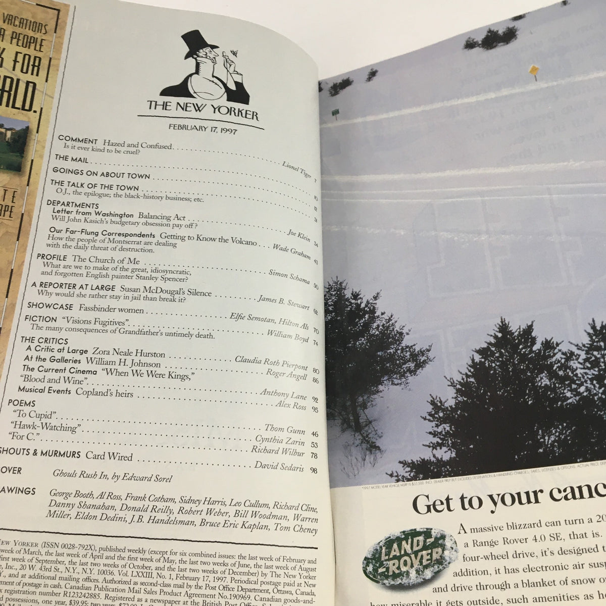 Interior page of The New Yorker February 17 1997 magazine, showcasing the table of contents with various articles and illustrations, including a section by Edward Sorel.