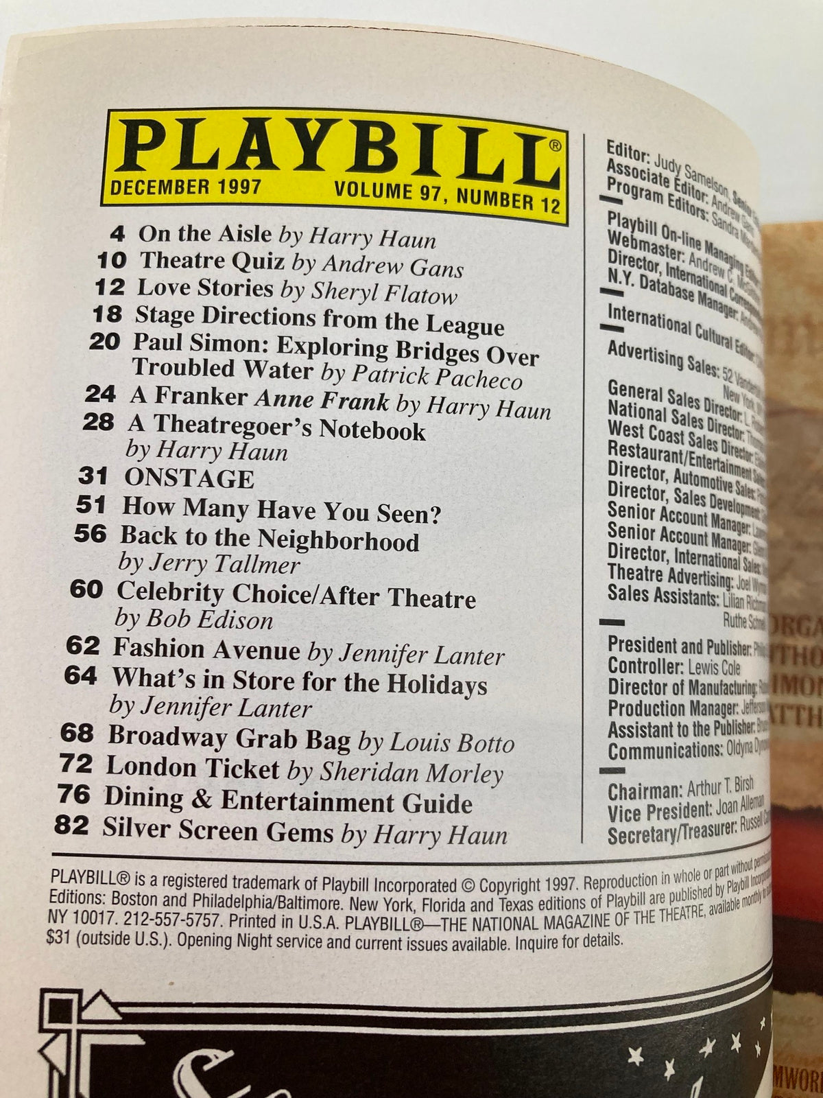 Interior page of the 1997 Playbill for 'Jackie: An American Life' from the Belasco Theatre, displaying the table of contents and notable articles.