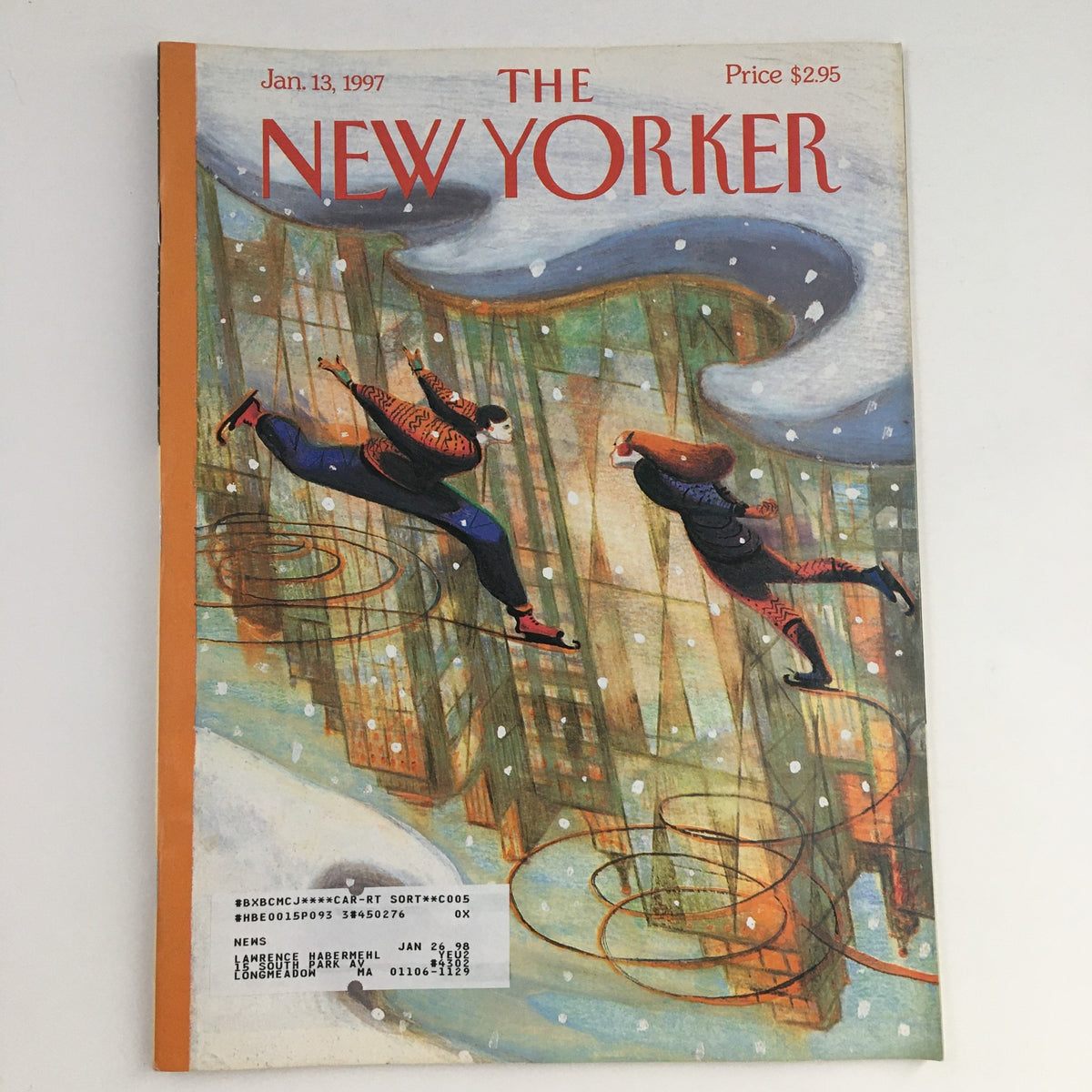 Cover of The New Yorker January 13, 1997, featuring striking artwork by Lorenzo Mattotti, illustrating two figures skating in a snow-laden cityscape.