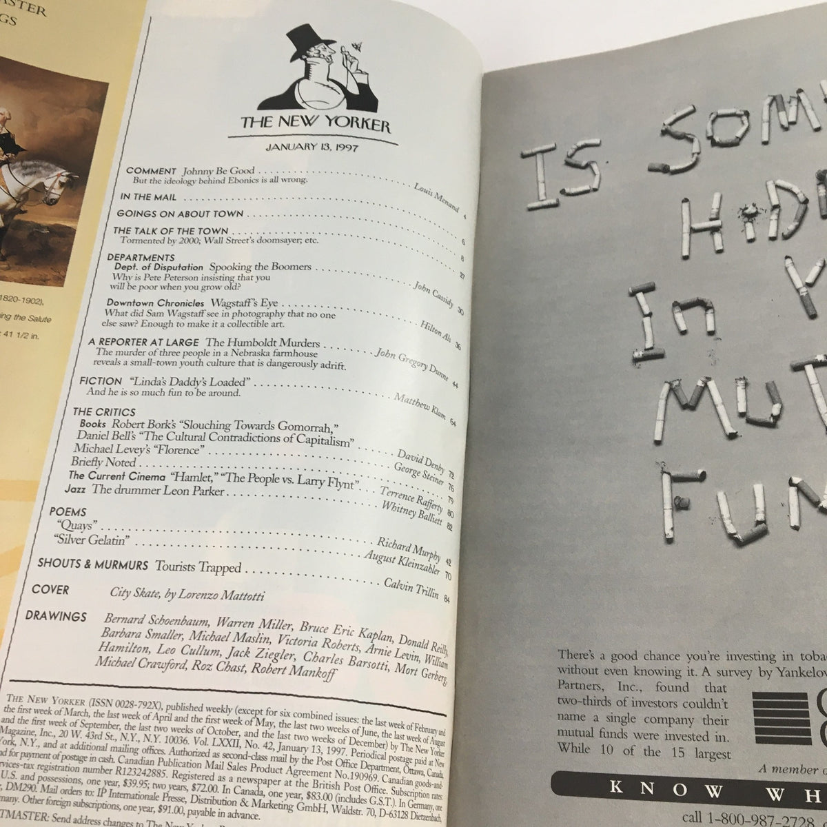 Interior page of The New Yorker January 13, 1997, showcasing the magazine's table of contents and article listings, indicative of the cultural topics covered in this vintage issue.