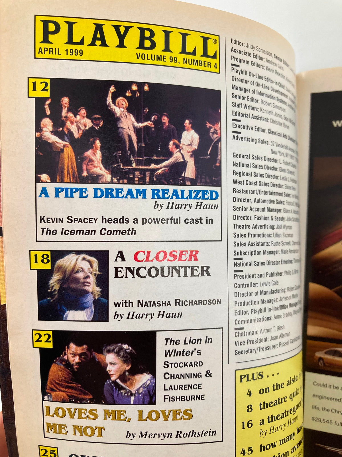 Inside view of the April 1999 Playbill, highlighting various theater productions including a section on Footloose, with notable performances and articles.