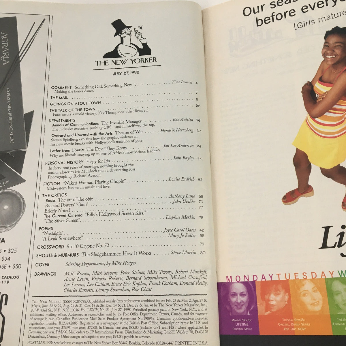 Inside page of The New Yorker July 27 1998 magazine displaying the table of contents, highlighting articles and features of the issue.