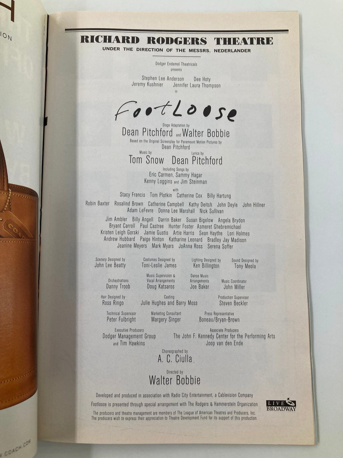 1999 Playbill featuring Stephen Lee Anderson in the musical 'Footloose' at the Richard Rodgers Theatre. The page displays the cast and crew details, highlighting stage adaptations, music, and choreography.