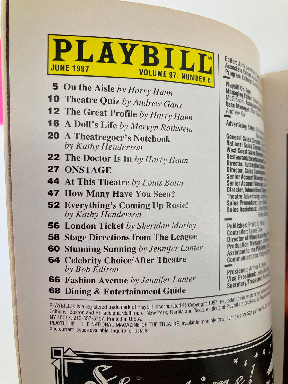 Interior page of the 1997 Playbill for The Life The New Musical, showcasing the contents and details of the show including credits and articles relevant to the production.
