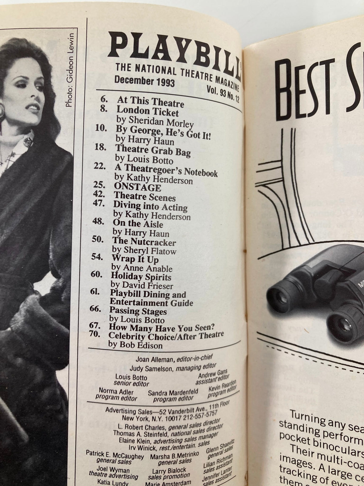 Interior page from the December 1993 Playbill for The Red Shoes at Gershwin Theatre, listing articles and advertisements, showing some wear and tear.