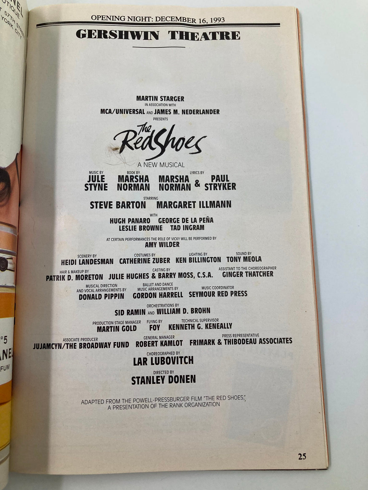 1993 Playbill for 'The Red Shoes' at Gershwin Theatre featuring Steve Barton and Margaret Illman. The playbill displays the cast and production credits, showcasing the musical's details and history.