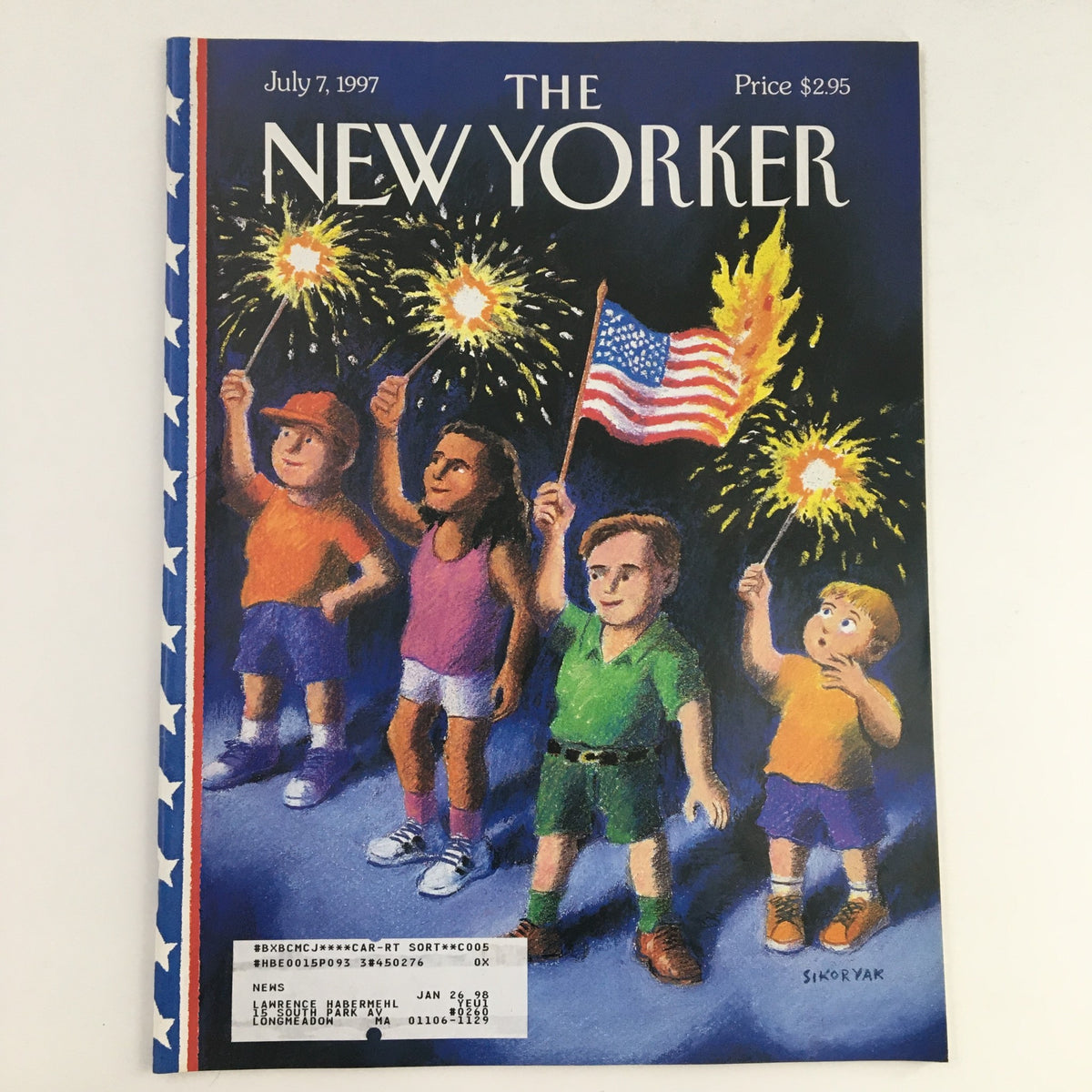 Cover of The New Yorker July 7, 1997 featuring children celebrating with sparklers and an American flag, illustrated by Robert Sikoryak. This vibrant cover epitomizes summer festivities and captures a moment of joy and patriotism.