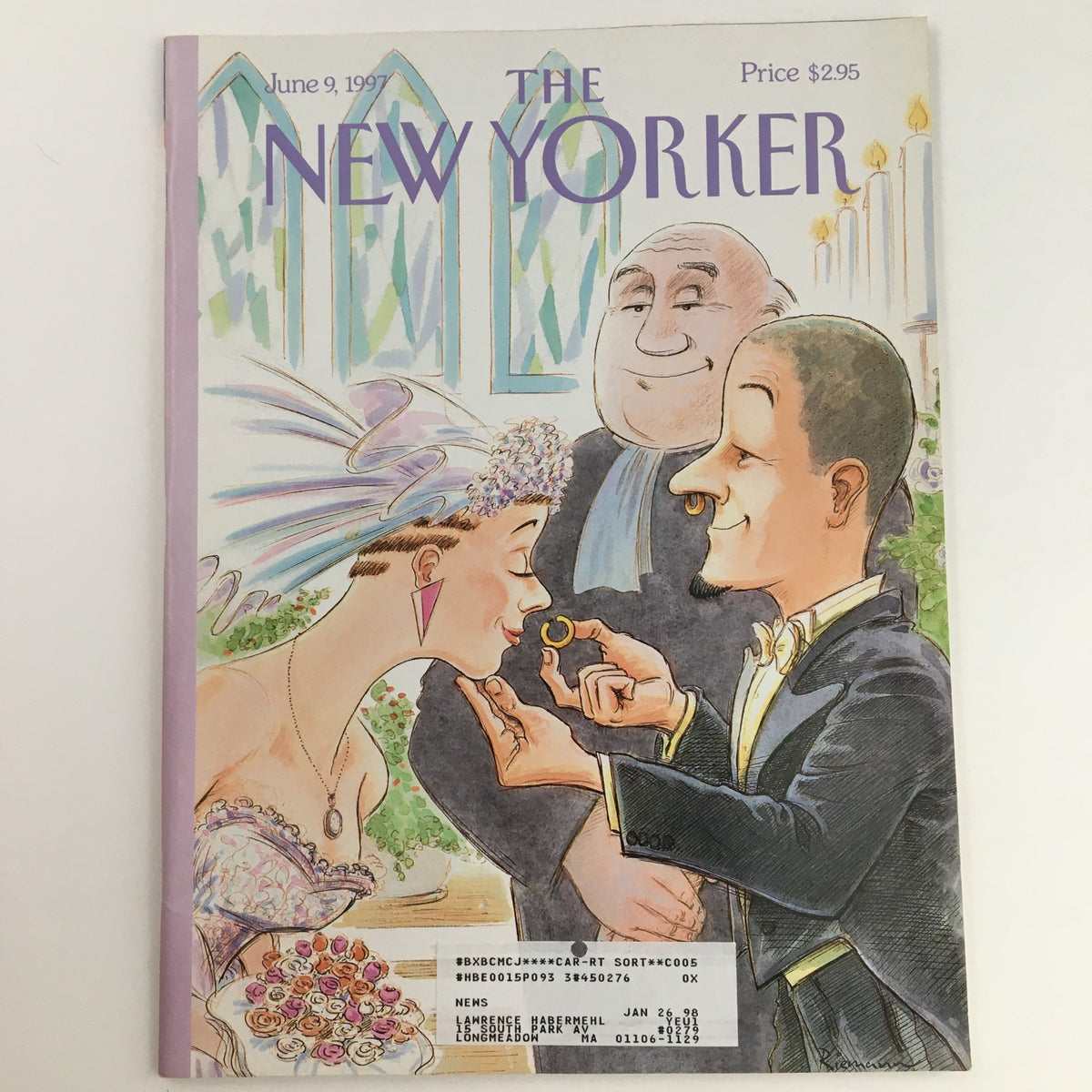 Cover of The New Yorker June 9 1997 featuring colorful artwork by George Riemann depicting a wedding scene with a bride and groom.