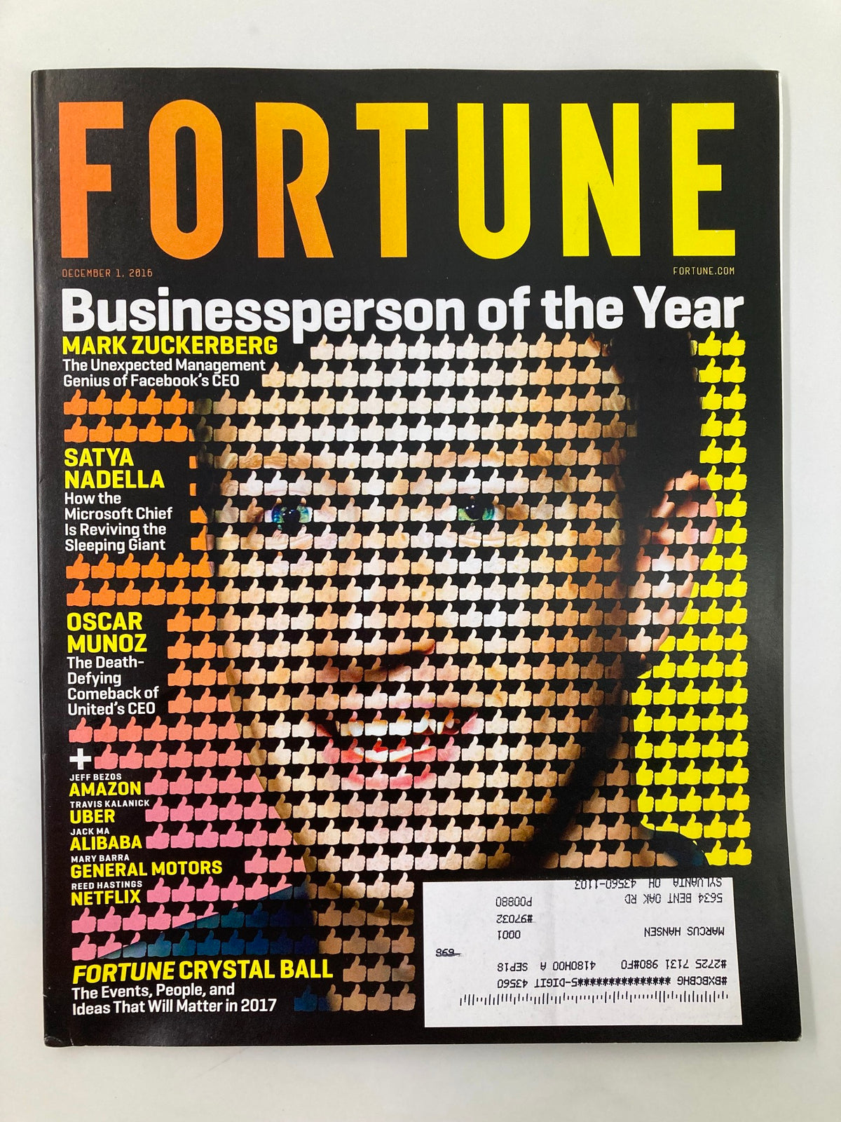 Fortune Magazine December 1 2016 cover featuring Mark Zuckerberg, Facebook's CEO, recognized as Businessperson of the Year with highlights of industry leaders including Satya Nadella and Oscar Munoz.
