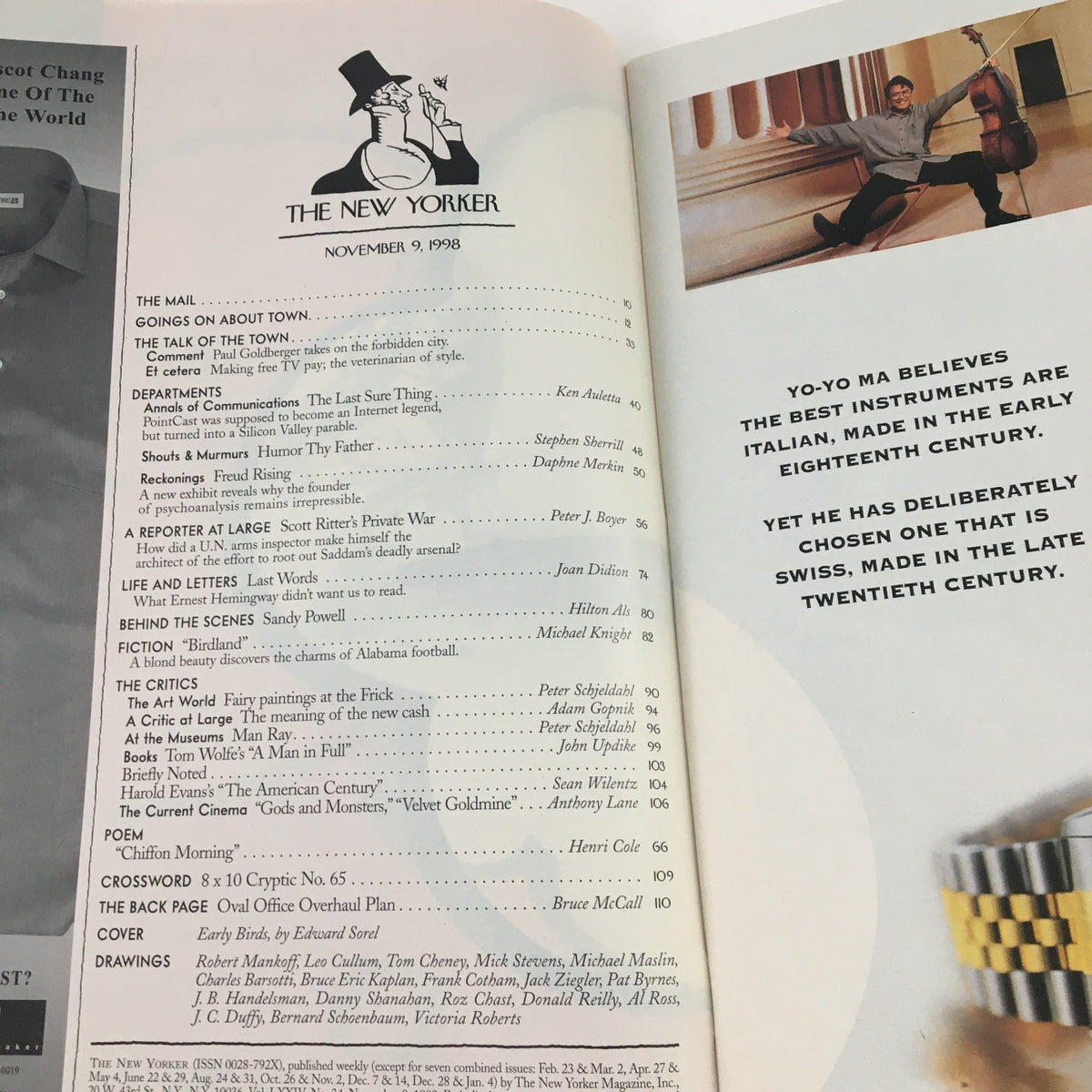 Interior page of The New Yorker magazine dated November 9, 1998, displaying the contents list including notable articles and contributors, highlighting cultural commentary and literary content.