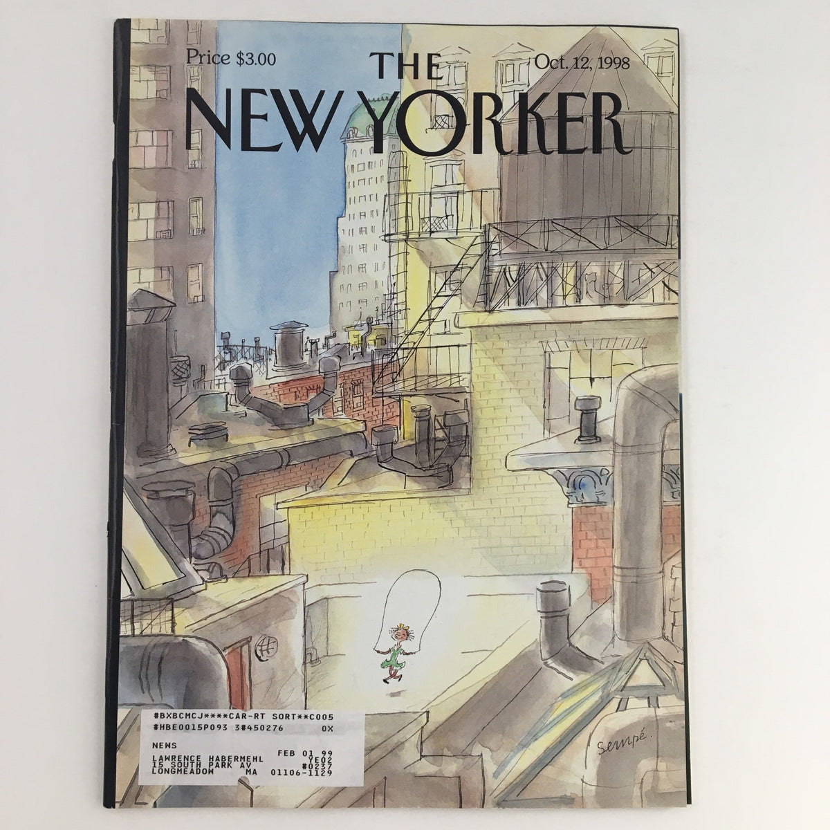 The New Yorker October 12 1998 Full Magazine Cover Art by Jean-Jacques Sempé showcasing a whimsical cityscape with rooftops, featuring vibrant colors and charming illustration style.