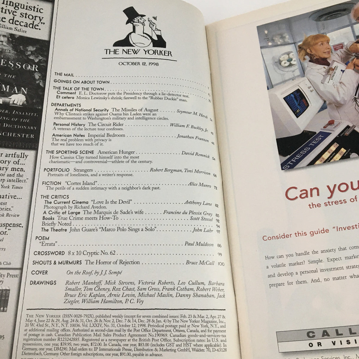 Interior page of The New Yorker October 12 1998 displaying the table of contents with article titles, contributors, and a cover drawing by J.J. Sempé.